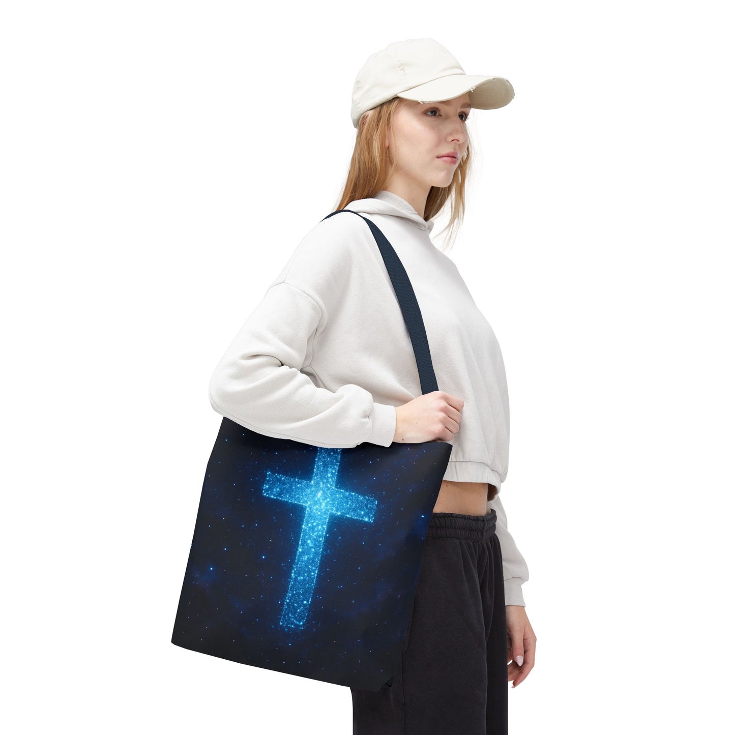 Sparkling Cross Tote Bag - Inspirational Blue Cosmic Bag Christian Tote Spiritual Bag Inspirational Tote Bag