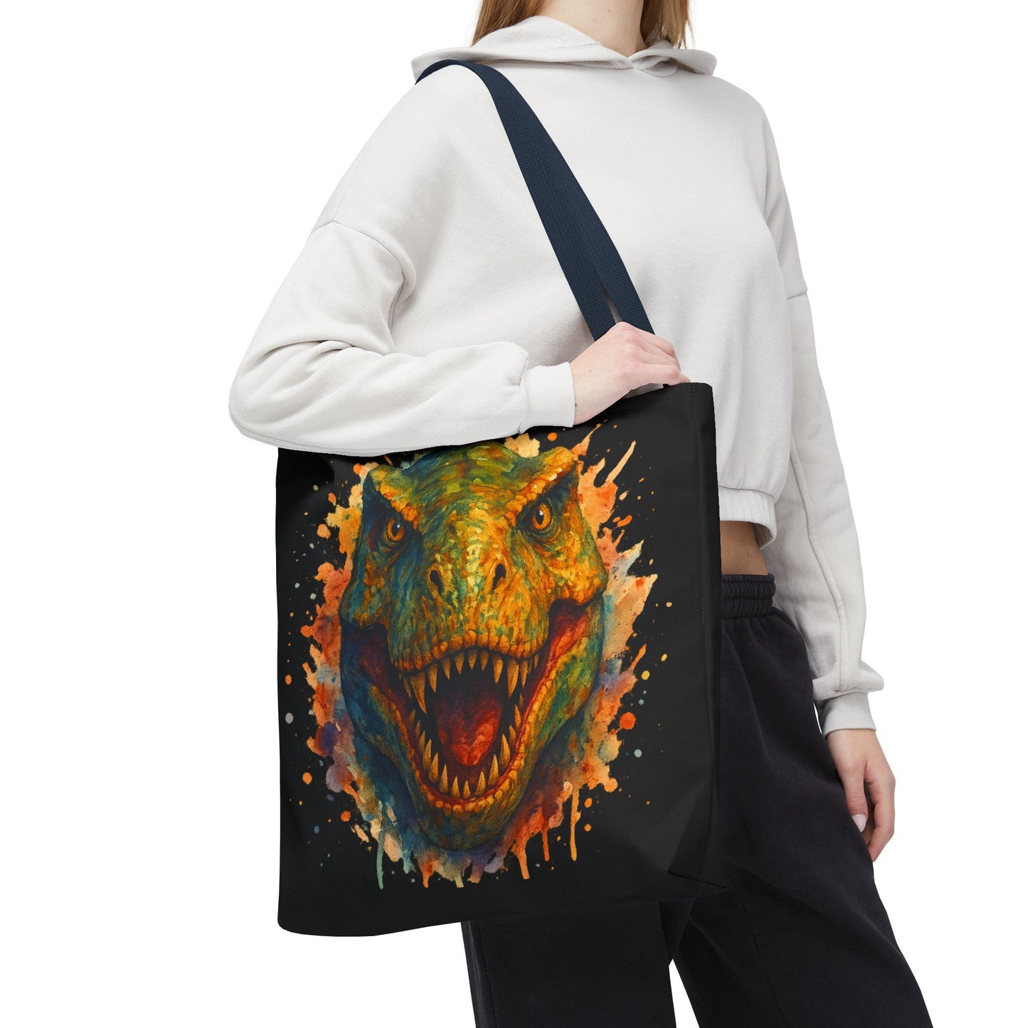 T-Rex Watercolor Tote Bag - 100% Polyester Canvas, Vibrant Dinosaur Art Bag, Reusable Beach-Market Tote, Dino Lover Gift, Bold Style