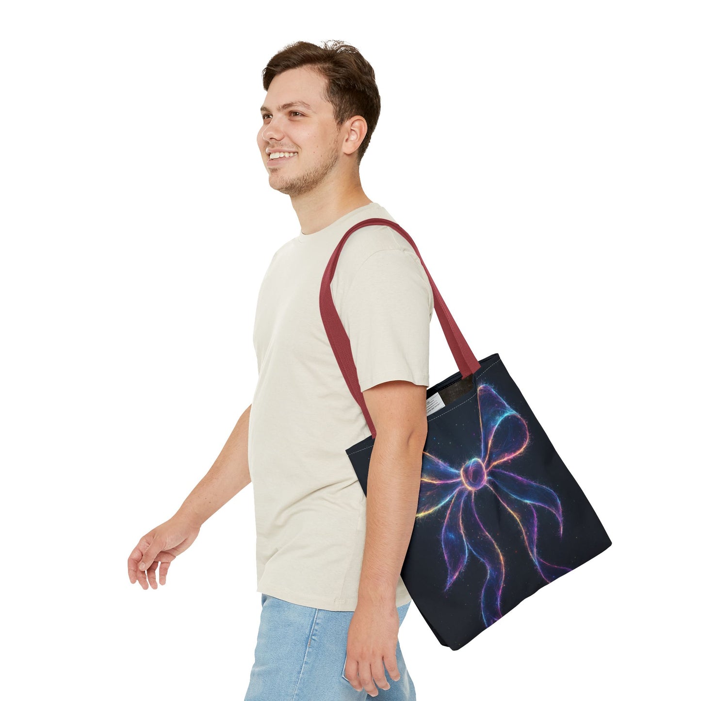 Galaxy Glow Bow Tote Bag, Cosmic Neon Ribbon Design, Black Space Art Bag, Celestial Gift For Her, Stylish Reusable Everyday Tote