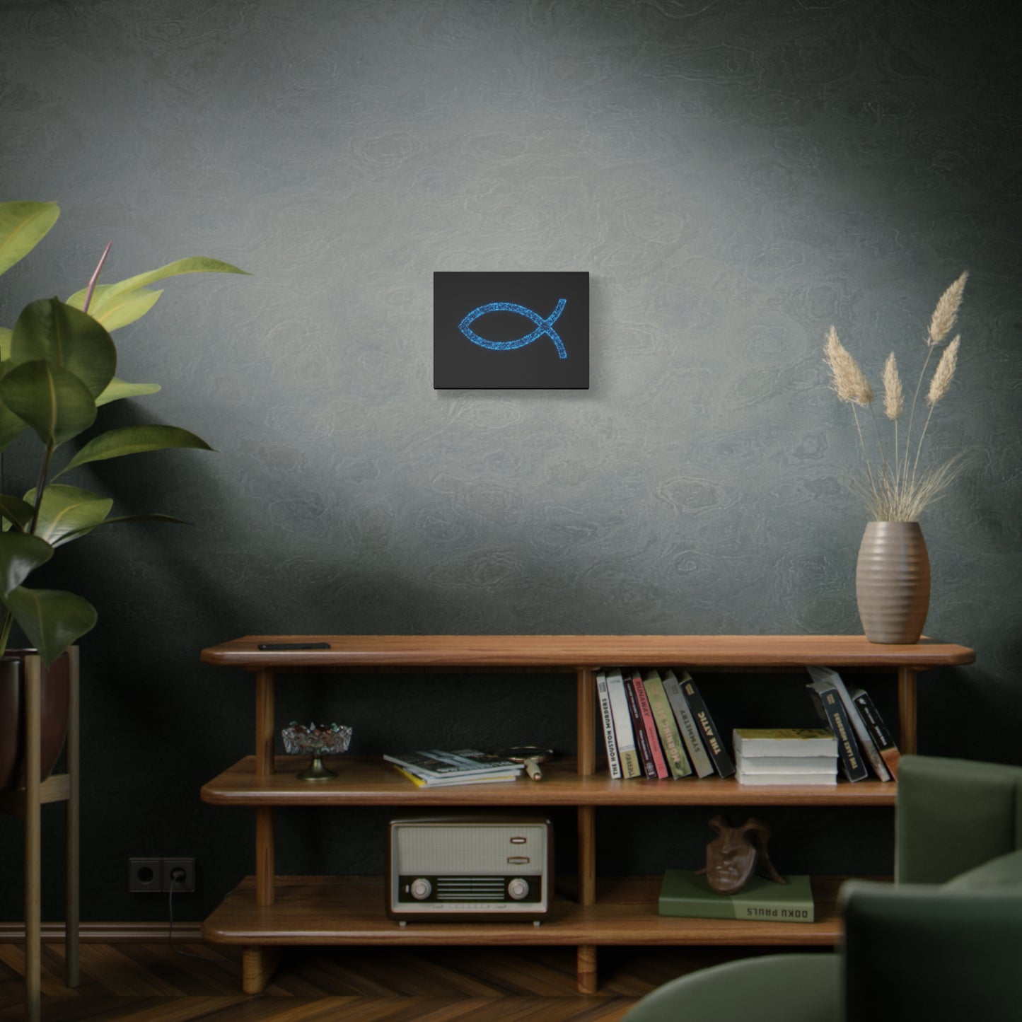Blue Glitter Fish Symbol Matte Canvas Wall Art