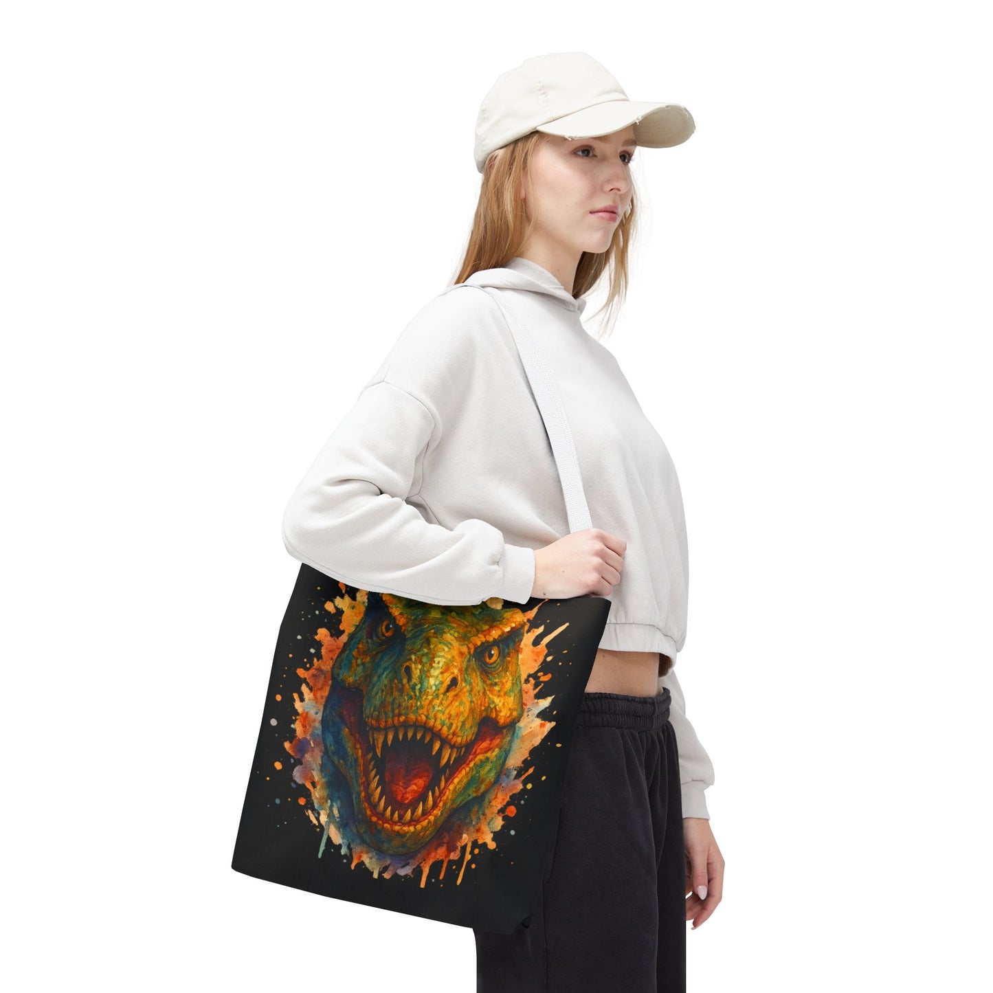 T-Rex Watercolor Tote Bag - 100% Polyester Canvas, Vibrant Dinosaur Art Bag, Reusable Beach-Market Tote, Dino Lover Gift, Bold Style