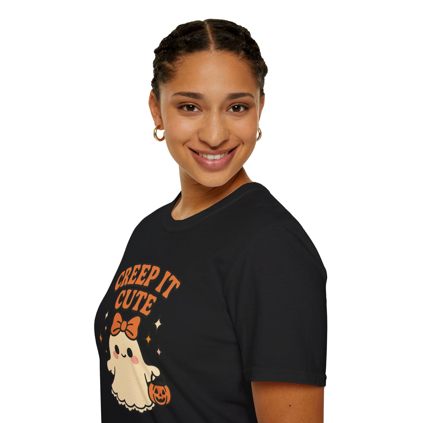 Creep It Cute Ghost Halloween Shirt - Kawaii Ghost Tee with Bow and Pumpkin, Spooky-Cute Fall Graphic T-Shirt, Spooky Season Halloween Top