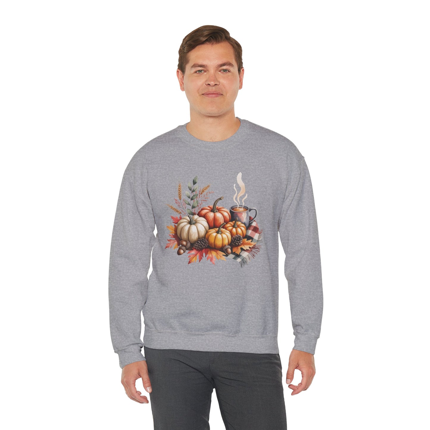 Fall Pumpkin Sweatshirt, Cozy Autumn Crewneck, Thanksgiving Sweater With Pumpkins And Coffee, Fall Leaves Pullover, Seasonal Gift