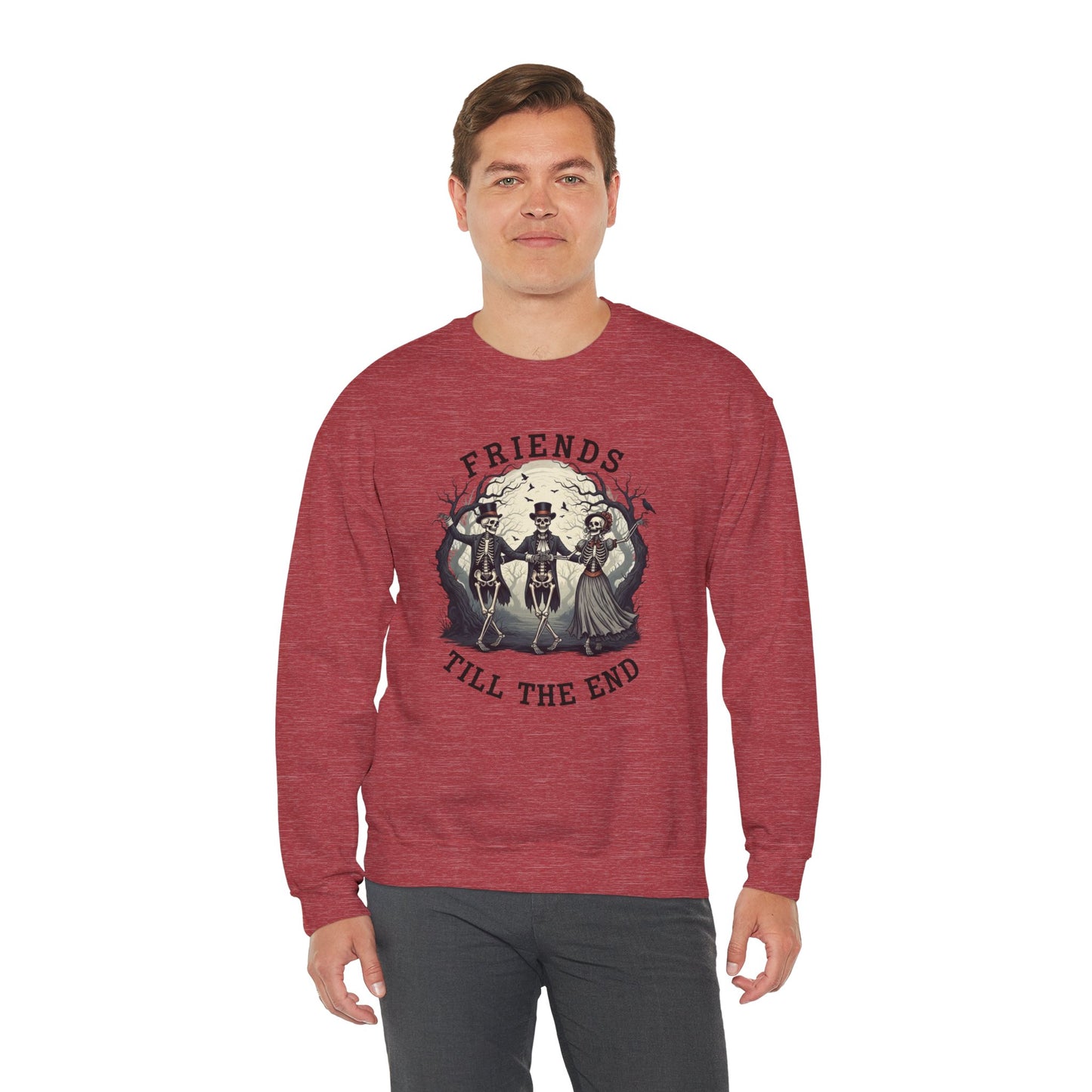 Friends Till The End Skeleton Sweatshirt | Dancing Skeletons Halloween Crewneck | Spooky Fall Graphic Pullover Gift for Bestie