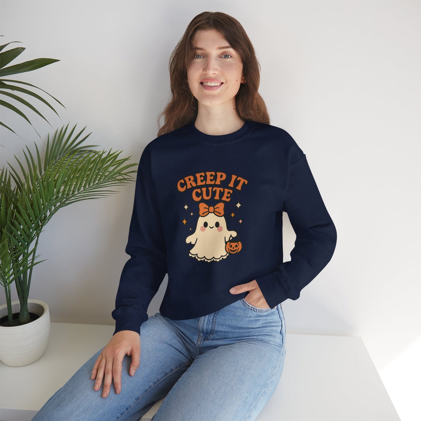 Cute Ghost Sweatshirt, Creep It Cute Crewneck, Spooky Halloween Pullover, Sweet Ghost Graphic Sweatshirt, Trick-Or-Treat Gift Top