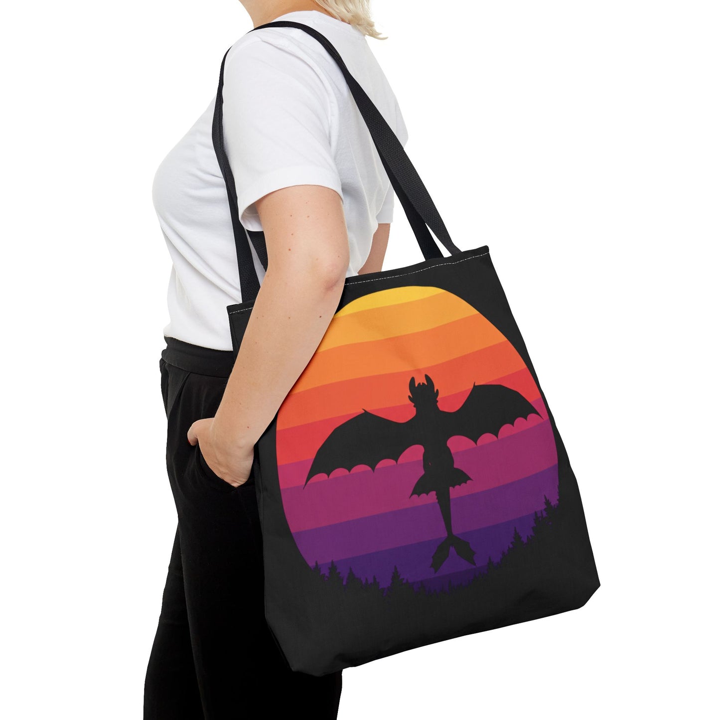 Sunset Dragon Flight Tote Bag, Reusable Eco-Friendly Shoulder Bag With Silhouette Design, Aesthetic Black Tote For Everyday Use And Gifts