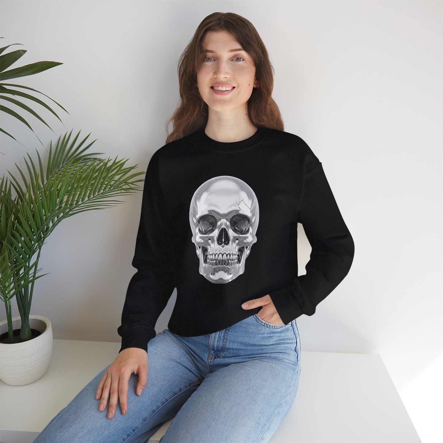 Silver Skull Sweatshirt, Gothic Skull Crewneck, Retro Skull Sweatshirt, Vintage Skull Graphic, Halloween Rock Pullover