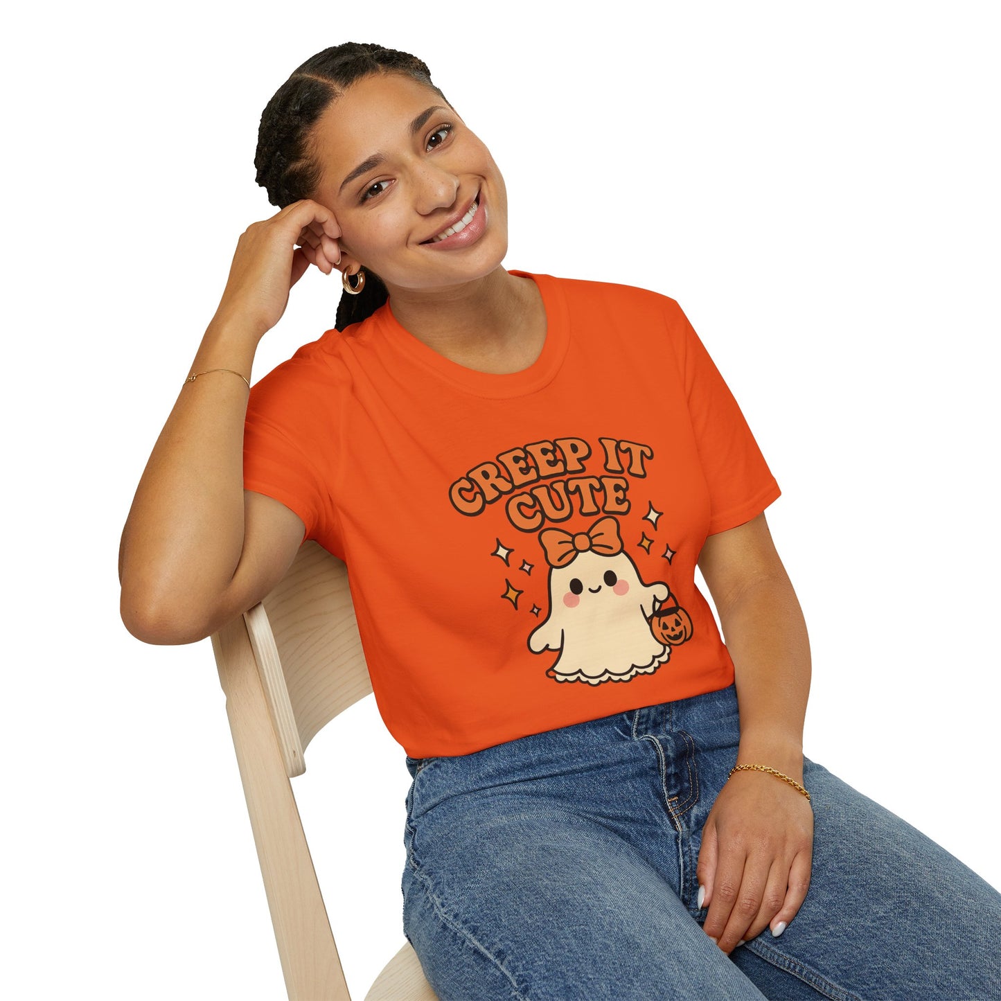 Creep It Cute Ghost Halloween Shirt - Kawaii Ghost Tee with Bow and Pumpkin, Spooky-Cute Fall Graphic T-Shirt, Spooky Season Halloween Top