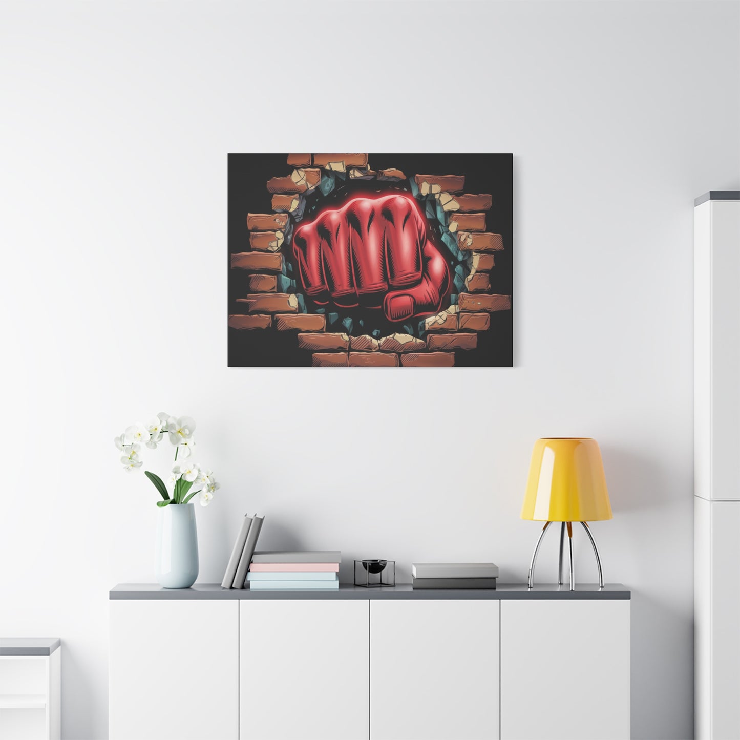 Canvas Wall Art - Red Fist Smashing Through Wall