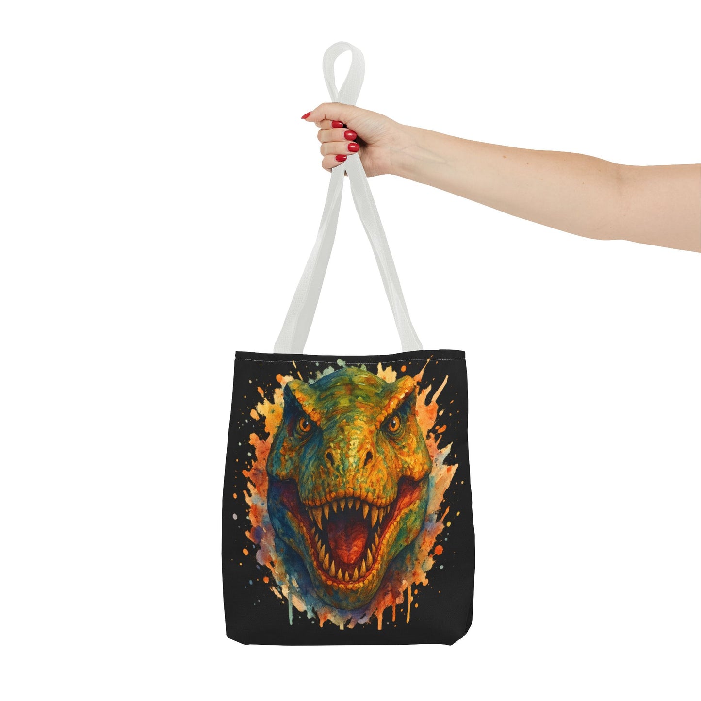 T-Rex Watercolor Tote Bag - 100% Polyester Canvas, Vibrant Dinosaur Art Bag, Reusable Beach-Market Tote, Dino Lover Gift, Bold Style