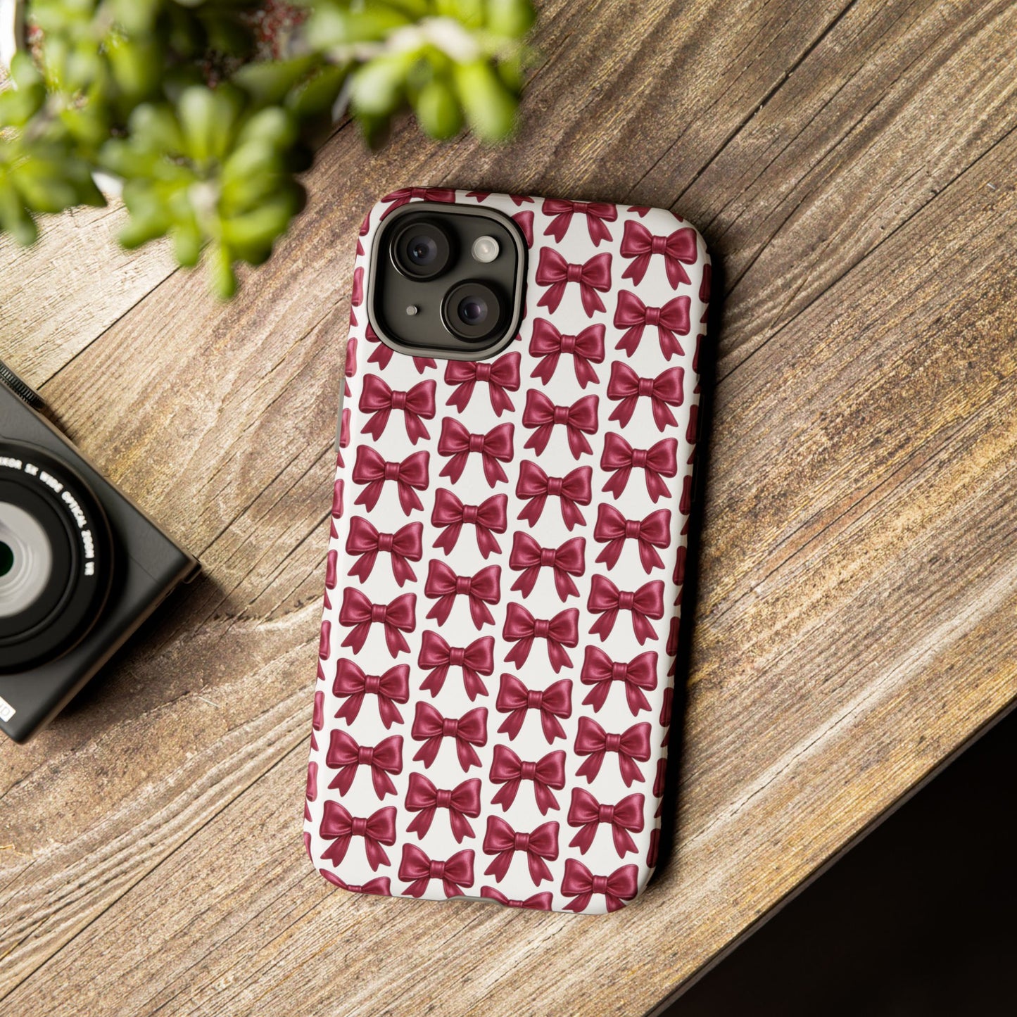 Coquette Bow iPhone Case - Burgundy Ribbon Pattern Phone Cover, Girly Aesthetic Accessory, Cute Gift for Her