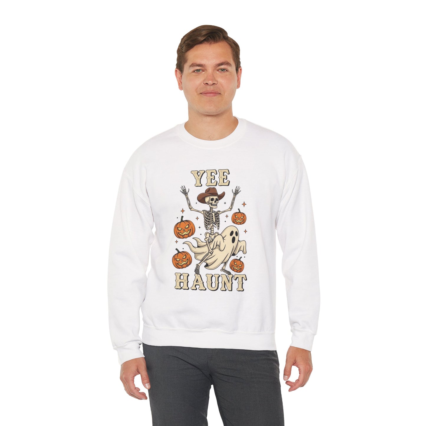 Yee Haunt Sweatshirt, Skeleton Ghost Pullover, Funny Halloween Crewneck, Spooky Pumpkin Ghost Tee, Haunting Night Graphic Sweatshirt