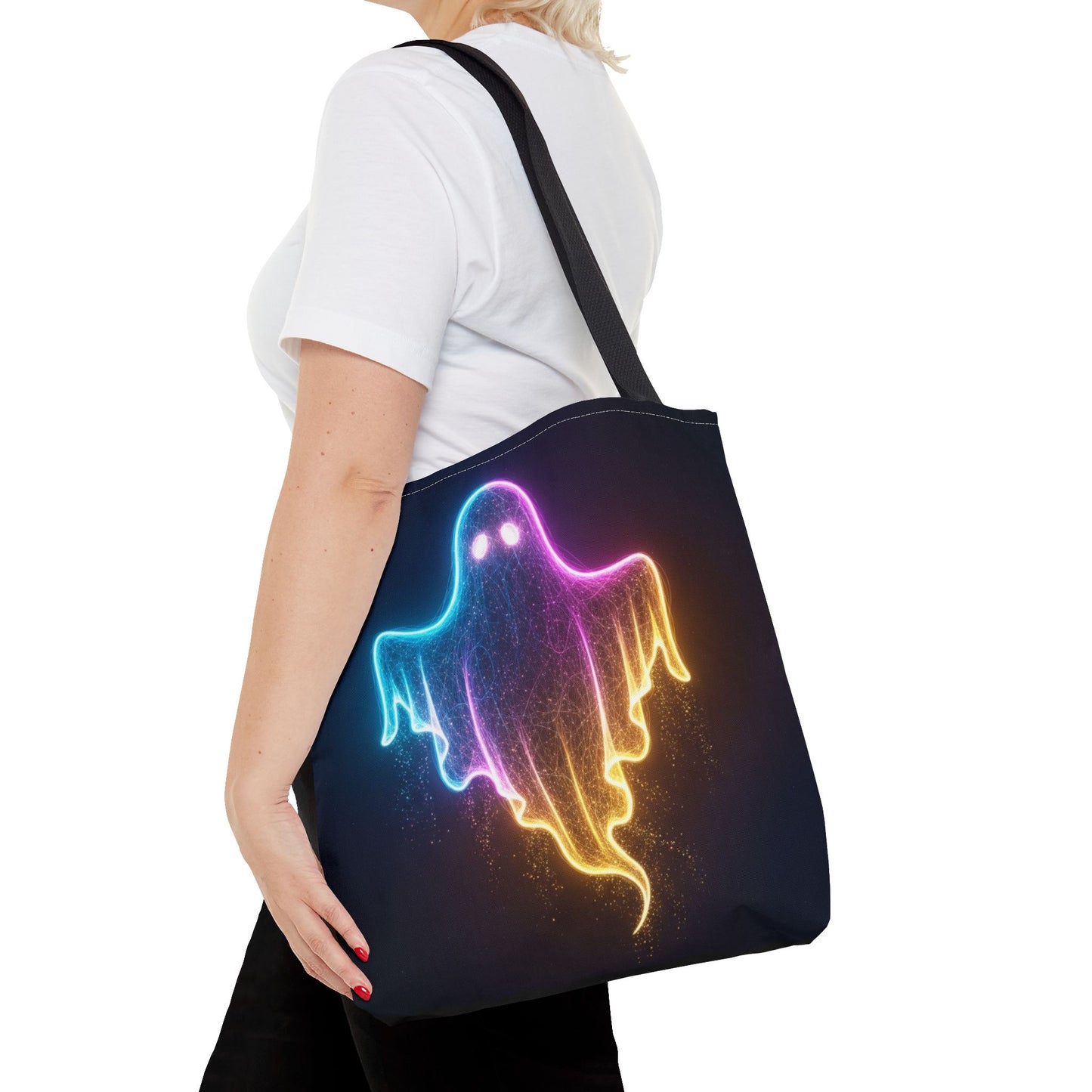 Neon Ghost Tote Bag - Bright Colorful Ghost Print Shoulder Tote, Spooky Cute Reusable Canvas Bag, Halloween Aesthetic Everyday Carry