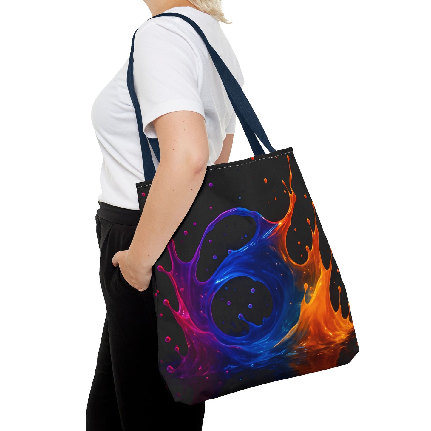 Elemental Fusion Tote Bag, Fire And Water Abstract Art Design, Vibrant Blue And Orange Splash Reusable Tote For Artists, Travel, And Everyday Use
