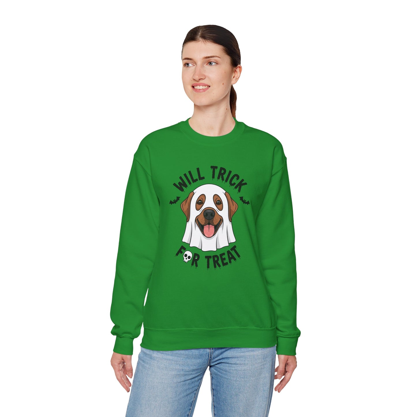 Will Trick for Treat Sweatshirt, Ghost Dog Halloween Crewneck, Funny Pet Costume Graphic Pullover, Trick-or-Treat Dog Lover Gift Sweater