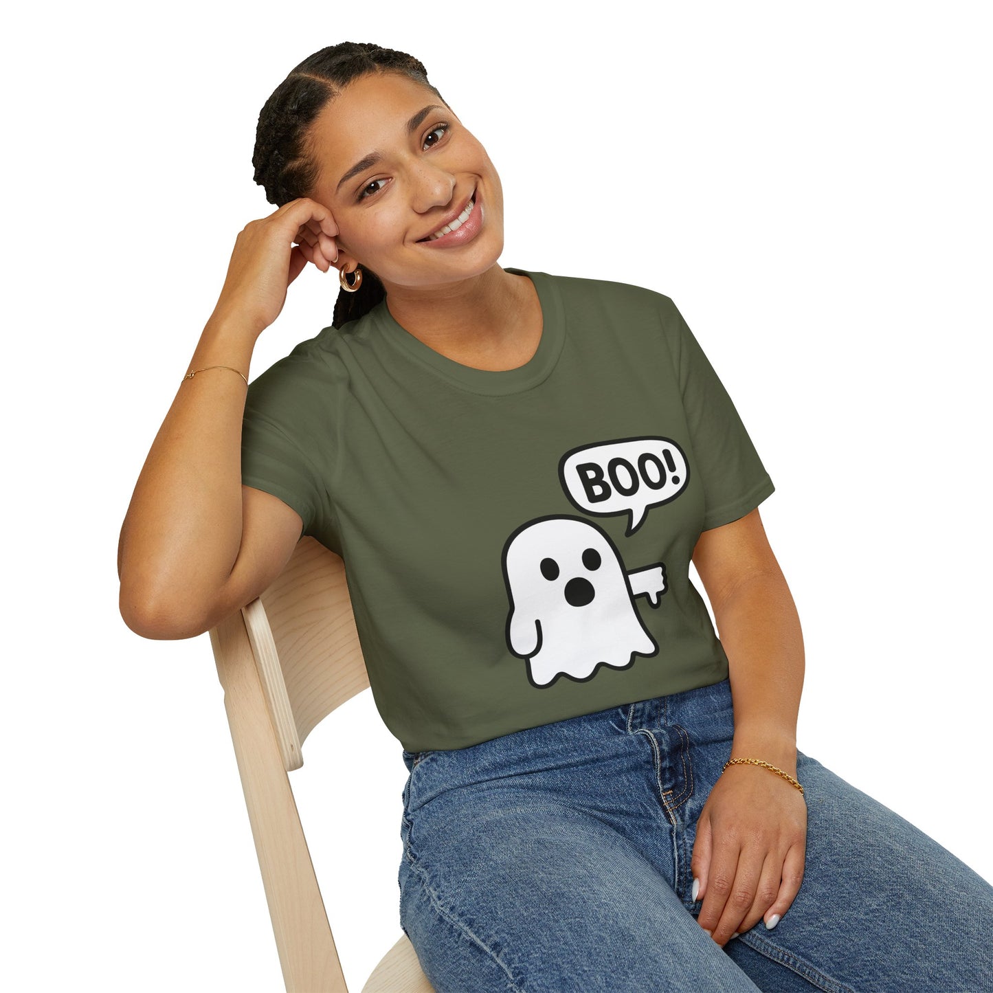 Cute Ghost Thumbs-Down 'Boo' Tee | Funny Halloween Play on Words Shirt | Spooky Season Ghost Tee | Fall Coquette Aesthetic Tee