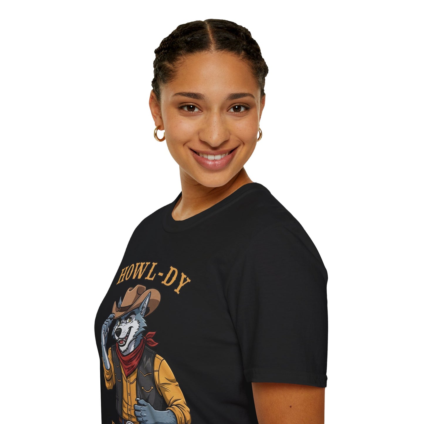Howl-dy Partner Wolf Cowboy T-Shirt | Western Howling Wolf Graphic Tee, Funny Animal Shirt, Cowboy Gifts, Rustic Country Tee