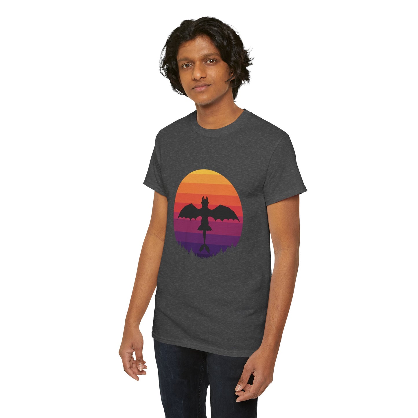Night Dragon Sunset T-Shirt | Retro Dragon Silhouette Tee | Fantasy Dragon Shirt | Unisex Graphic Tee | Gift for Dragon Lovers