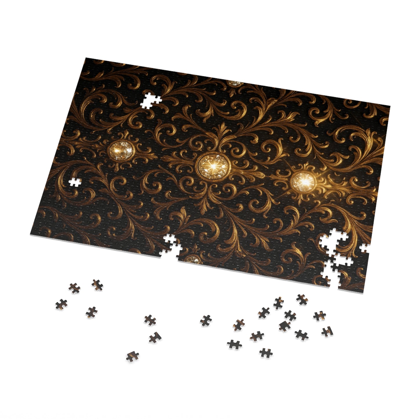 Baroque Gold Jigsaw Puzzle Elegant Gothic Puzzle for Adults, Black Ornate Scroll Pattern, Luxury Brain Game, Dark Aesthetic Gift Idea