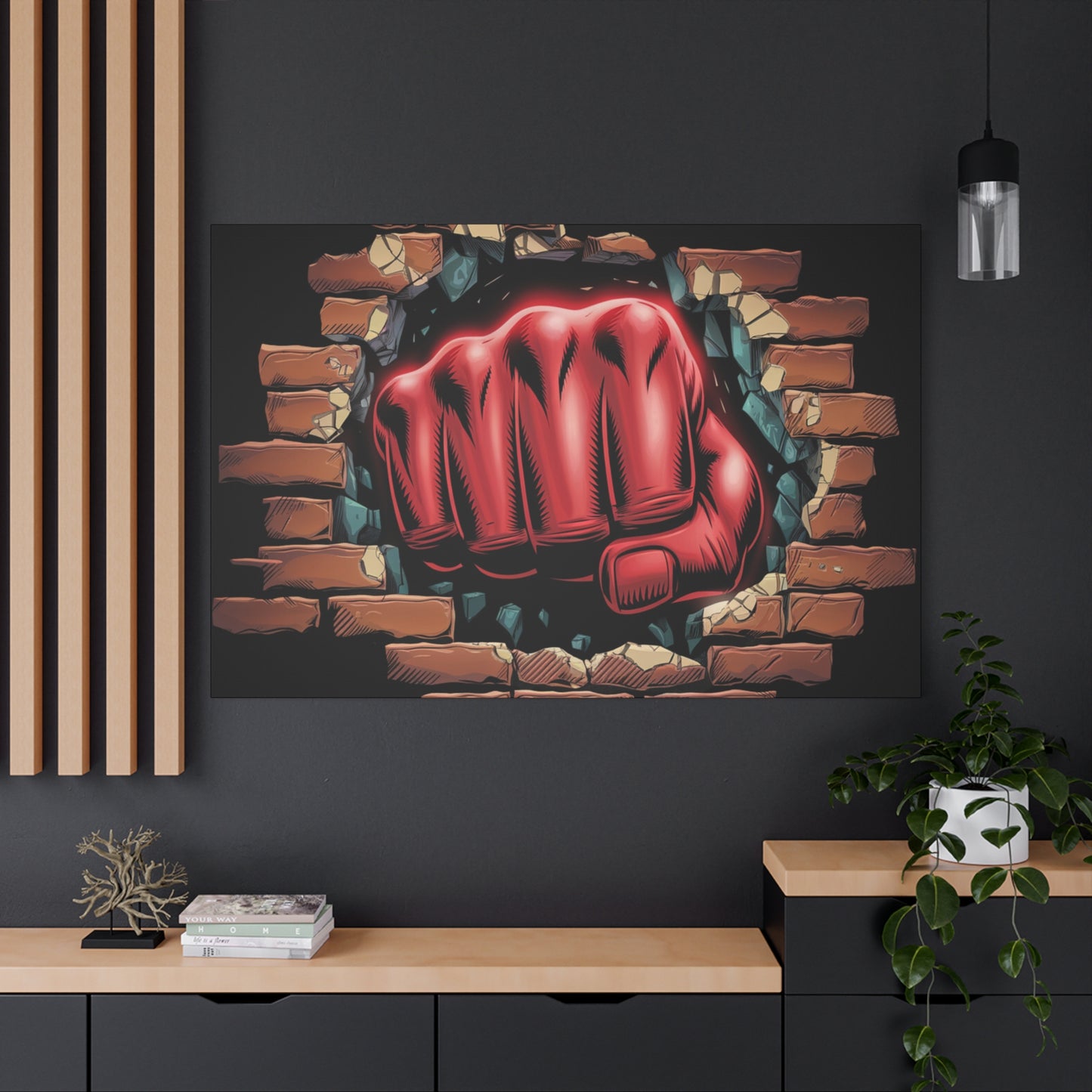 Canvas Wall Art - Red Fist Smashing Through Wall
