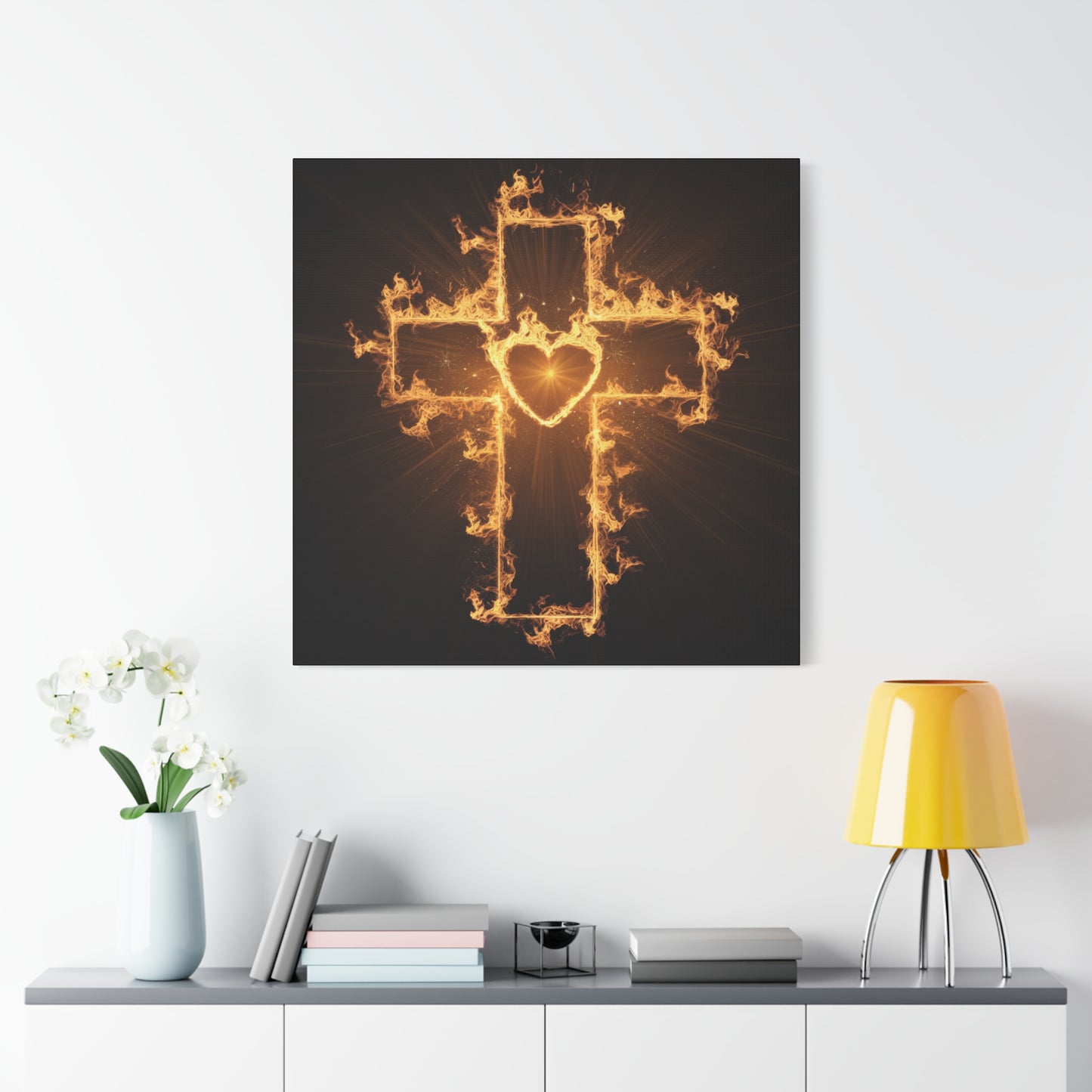 Flaming Heart and Cross Christian Wall Art Canvas