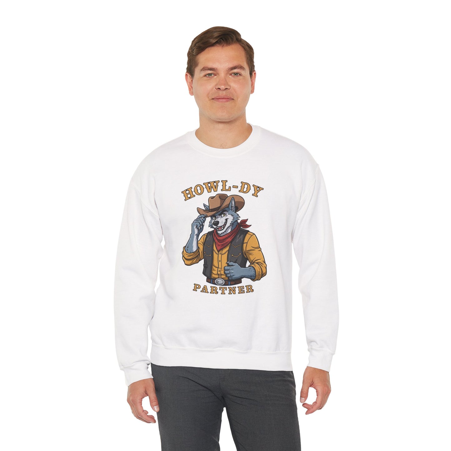Howl-dy Partner Wolf Sweatshirt, Cowboy Werewolf Halloween Crewneck, Western Spooky Graphic Pullover for Animal Lover Gift Sweatshirt