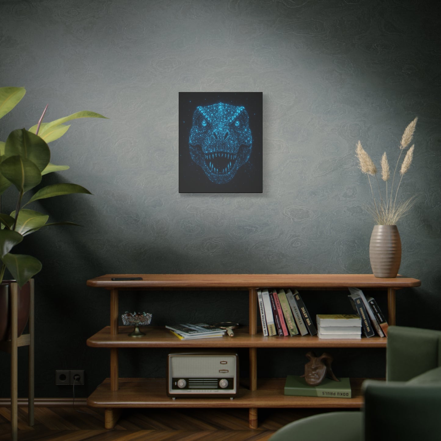 T-Rex Canvas Art - Blue Bioluminescent Particles Dinosaur Wall Decor, Modern Sci-Fi Bedroom Print, Kids and Adult Room Art Gift