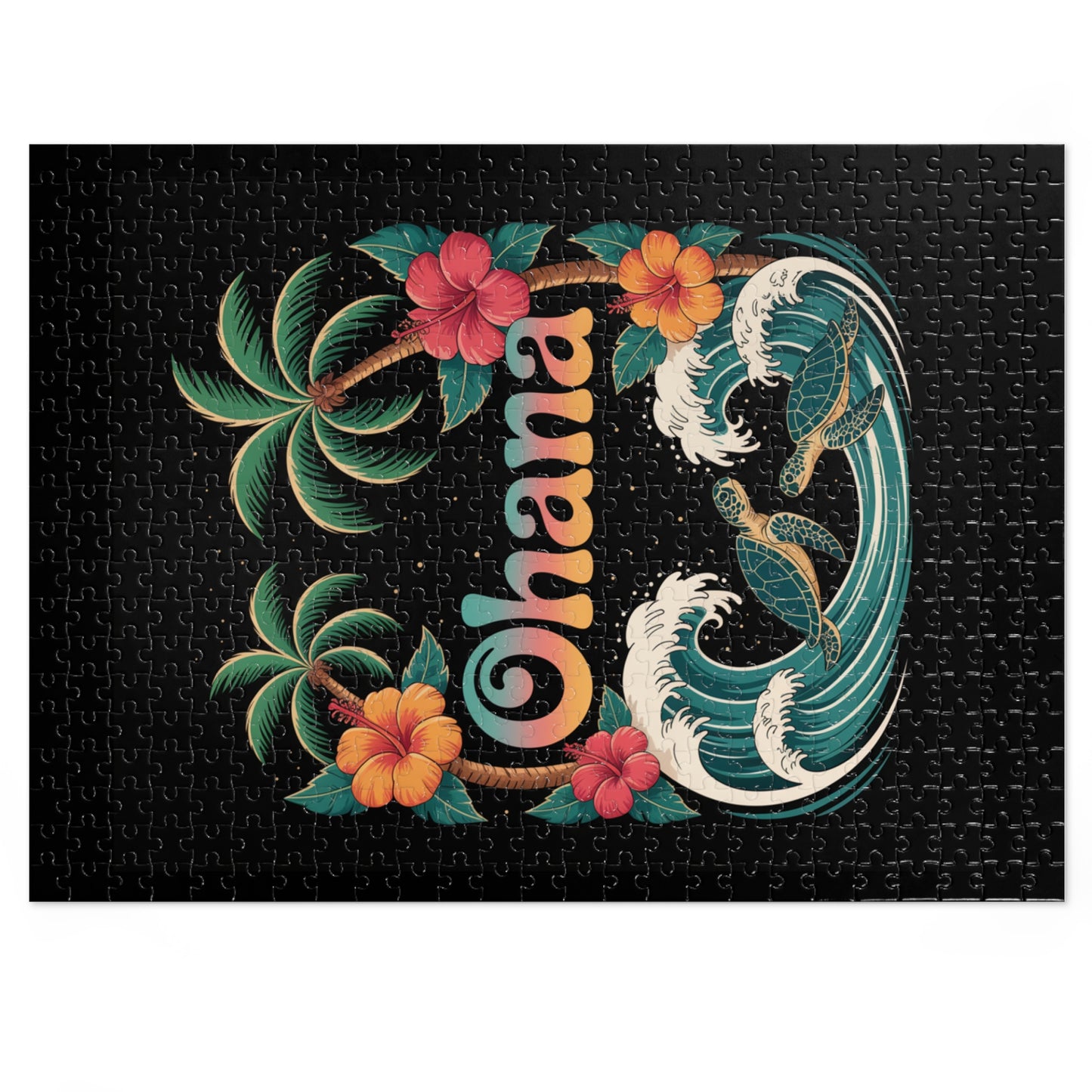 Ohana Jigsaw Puzzle - Retro Hawaiian Sea Turtle & Palm Tree Puzzle for Family Fun, Gift, or Decor - Tropical Beach Aesthetic Puzzle