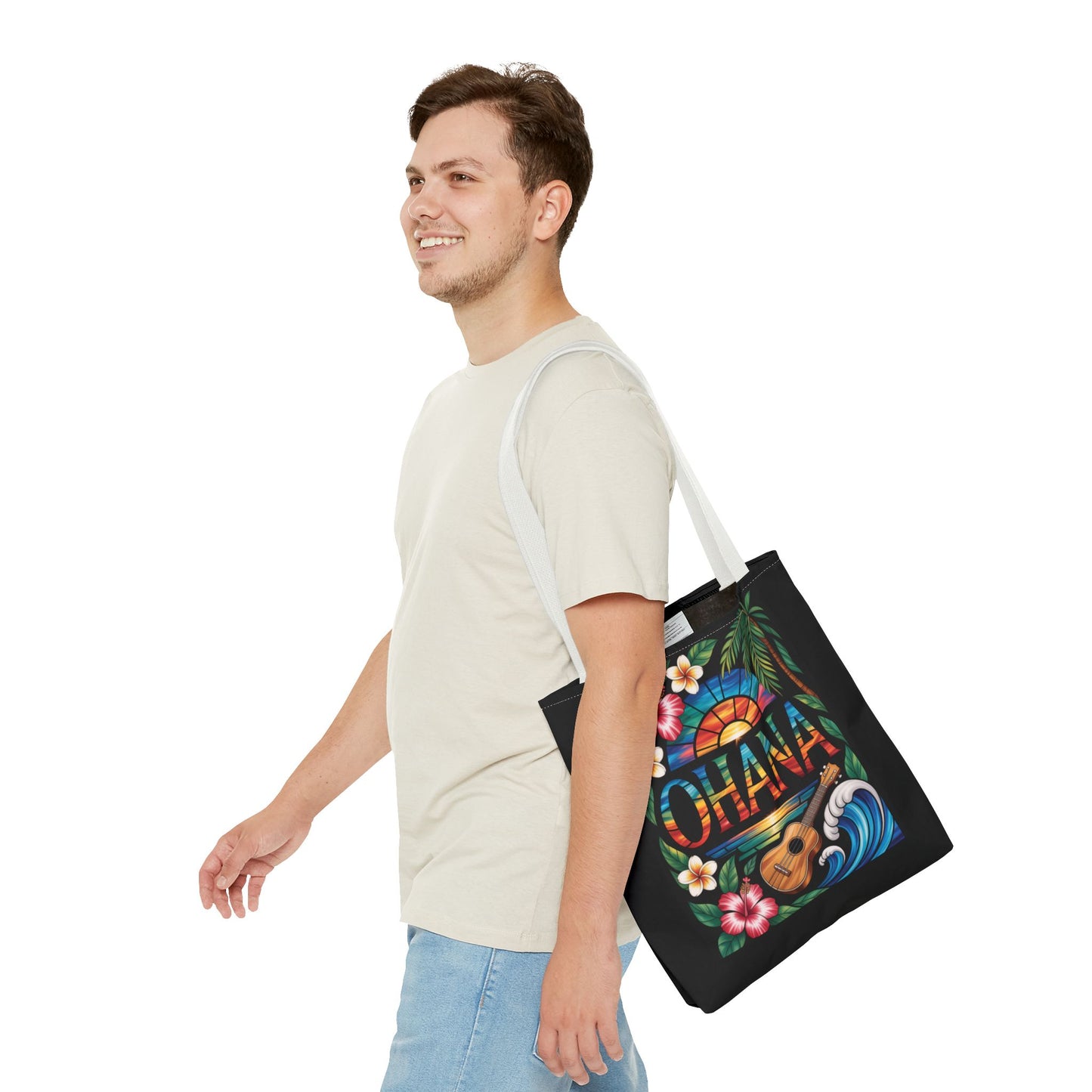 Ohana Tote Bag – Hawaiian Tropical Beach Bag with Ukulele, Sunset & Hibiscus Flowers, Island Gift for Women, Aloha Family Vibes