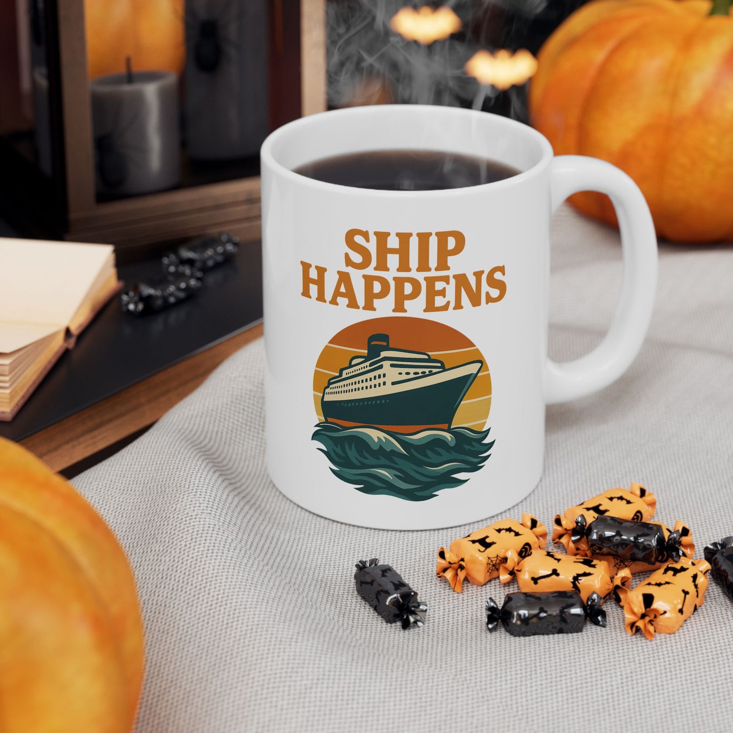 Ceramic Mug - Ship Happens Sunset Design Cruise Cup Cruise Mug Nautical Decor Drinking Accessory for Travel Lovers