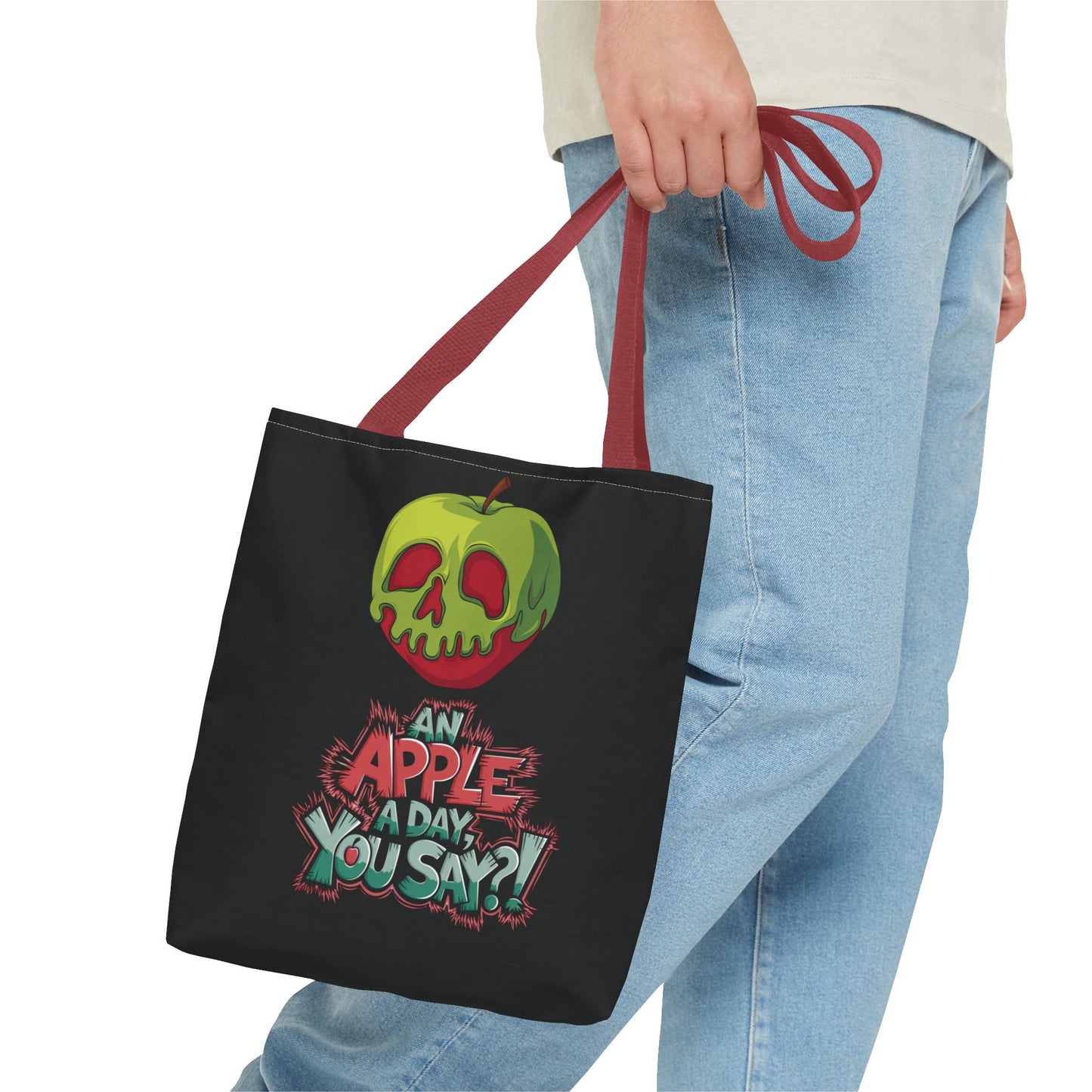 Spooky Halloween Tote Bag – Poison Apple Design – Funny Gothic Tote – Trick or Treat Bag – Creepy Apple Pun Gift – Black Tote Bag