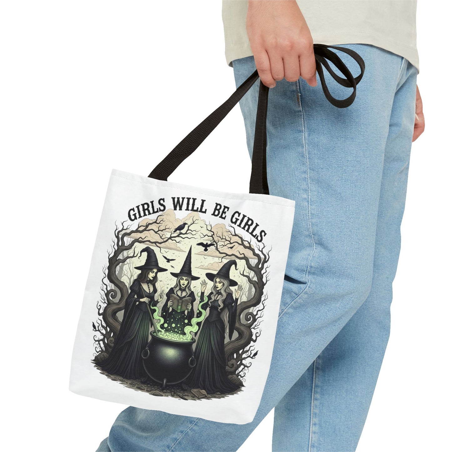 Girls Will Be Girls Halloween Tote Bag, Witchy Aesthetic Bag, Gothic Witches Cauldron Art, Spooky Gift, Reusable Eco Tote For Halloween Lovers