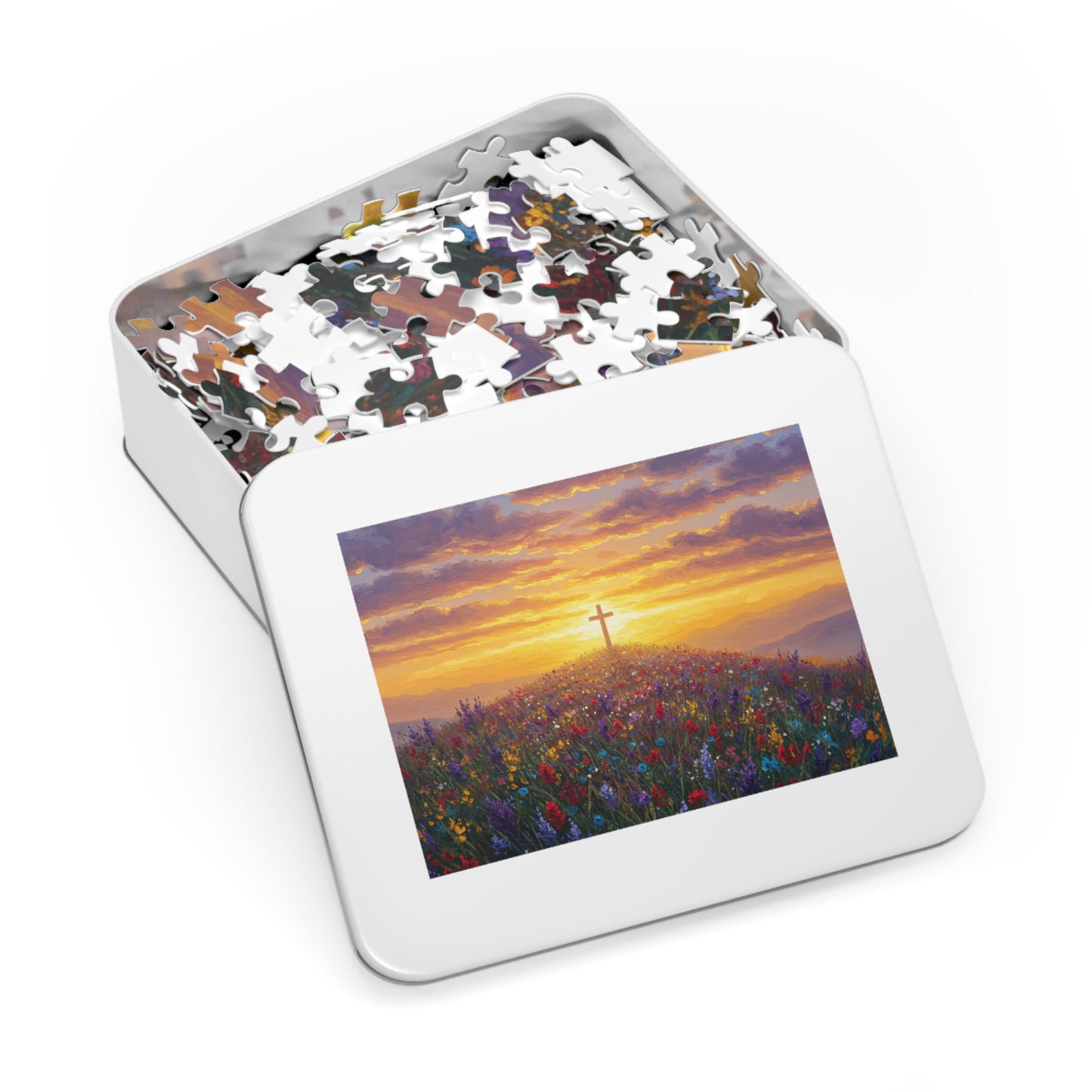 Jigsaw Puzzle: Cross on a Hill Monet Style Christian Game Cross Puzzle Inspirational Decor