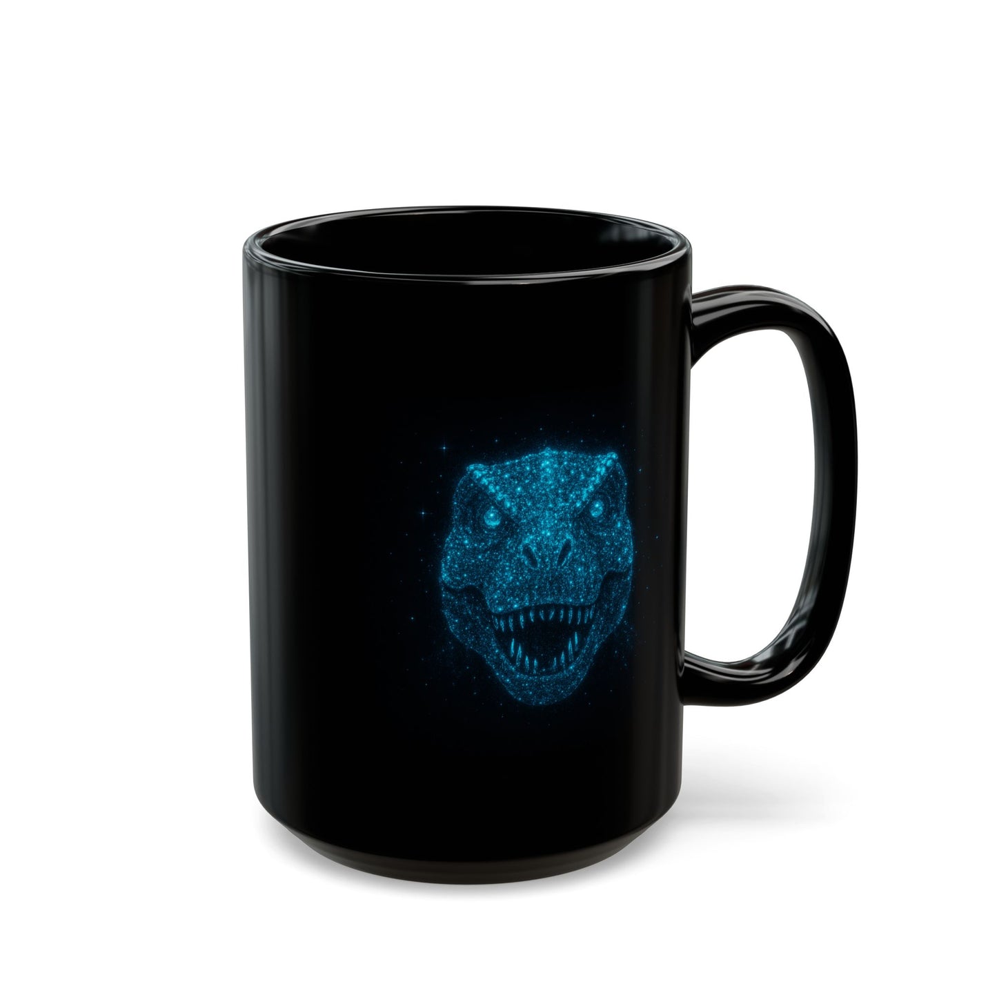 Galaxy Dinosaur Coffee Mug • Neon Blue T-Rex Cup • Cosmic Dinosaur Art Mug • Sci-Fi Dino Gift • Black Ceramic Coffee Mug 11oz 15oz