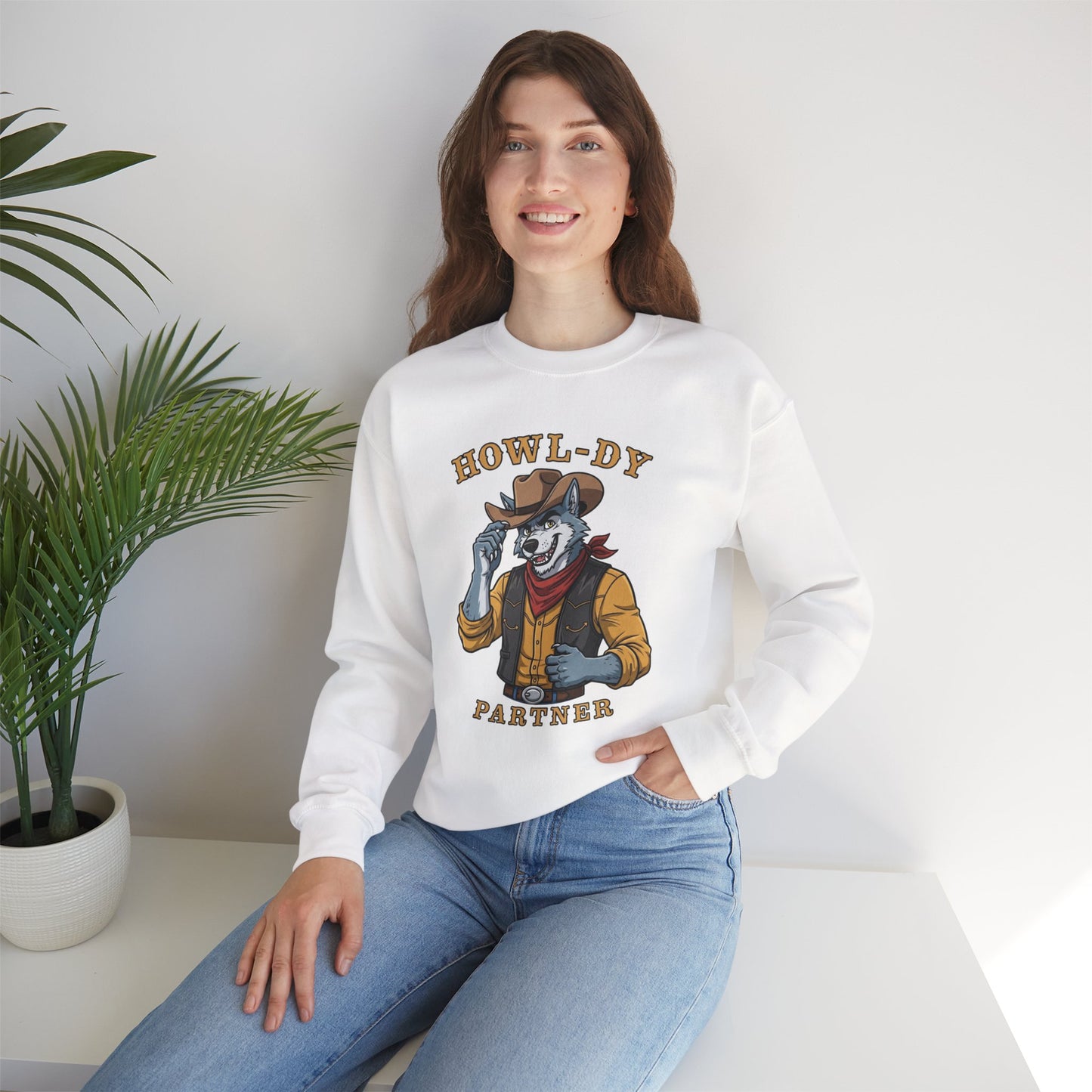 Howl-dy Partner Wolf Sweatshirt, Cowboy Werewolf Halloween Crewneck, Western Spooky Graphic Pullover for Animal Lover Gift Sweatshirt