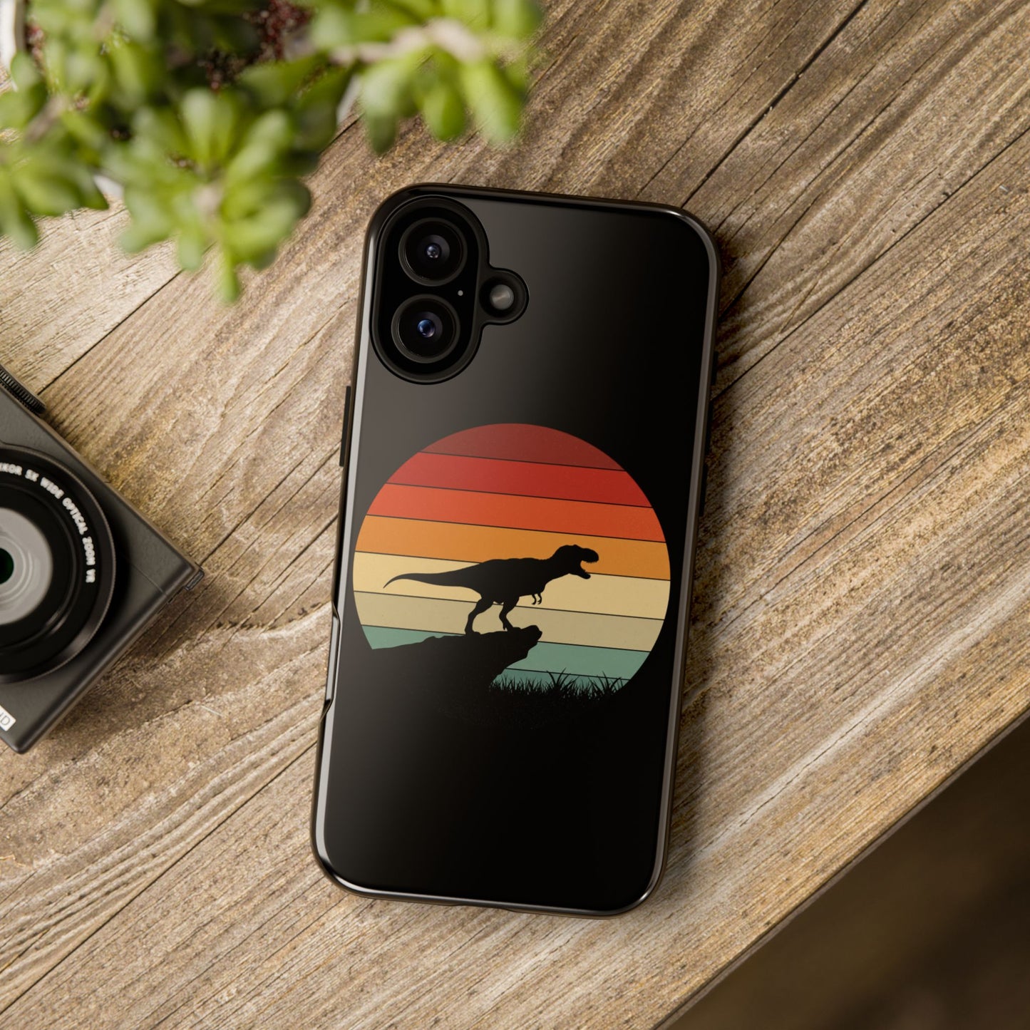 Retro Sunset Dinosaur iPhone Case | T‑Rex Silhouette Vintage Phone Cover for iPhone 14/15/16 Pro | Aesthetic Dinosaur Gift