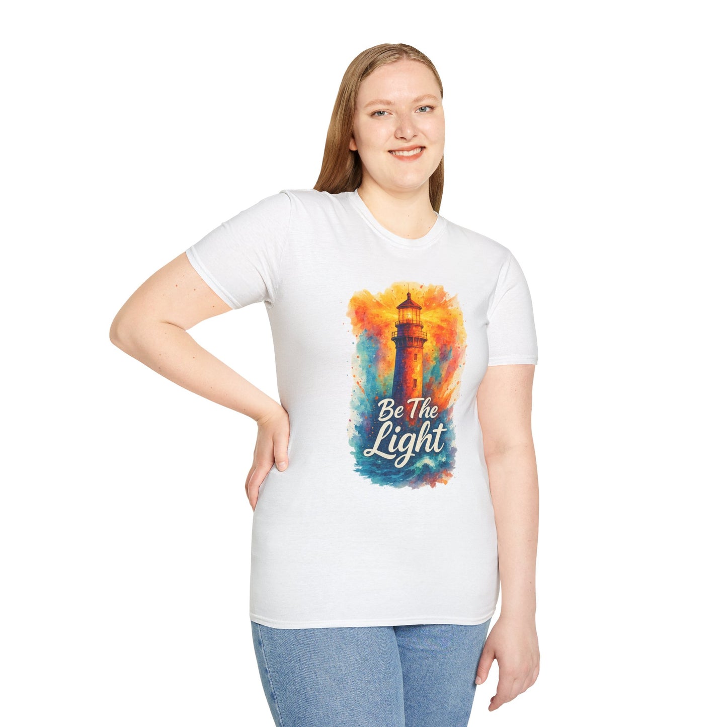 Be The Light Lighthouse T-Shirt | Inspirational Spiritual Tee | Coastal Nautical Gift for Her and Him | Unisex Softstyle Graphic Tee