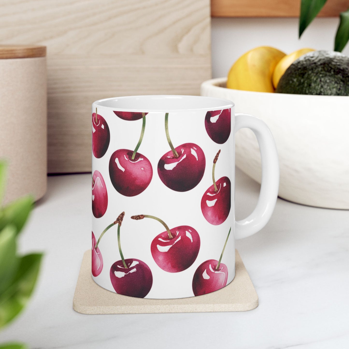 Cherry Pattern Ceramic Coffee Mug – Retro Fruit Cherry Mug, Aesthetic Coquette Cherry Design, Cottagecore Kitchen Gift 11oz & 15oz