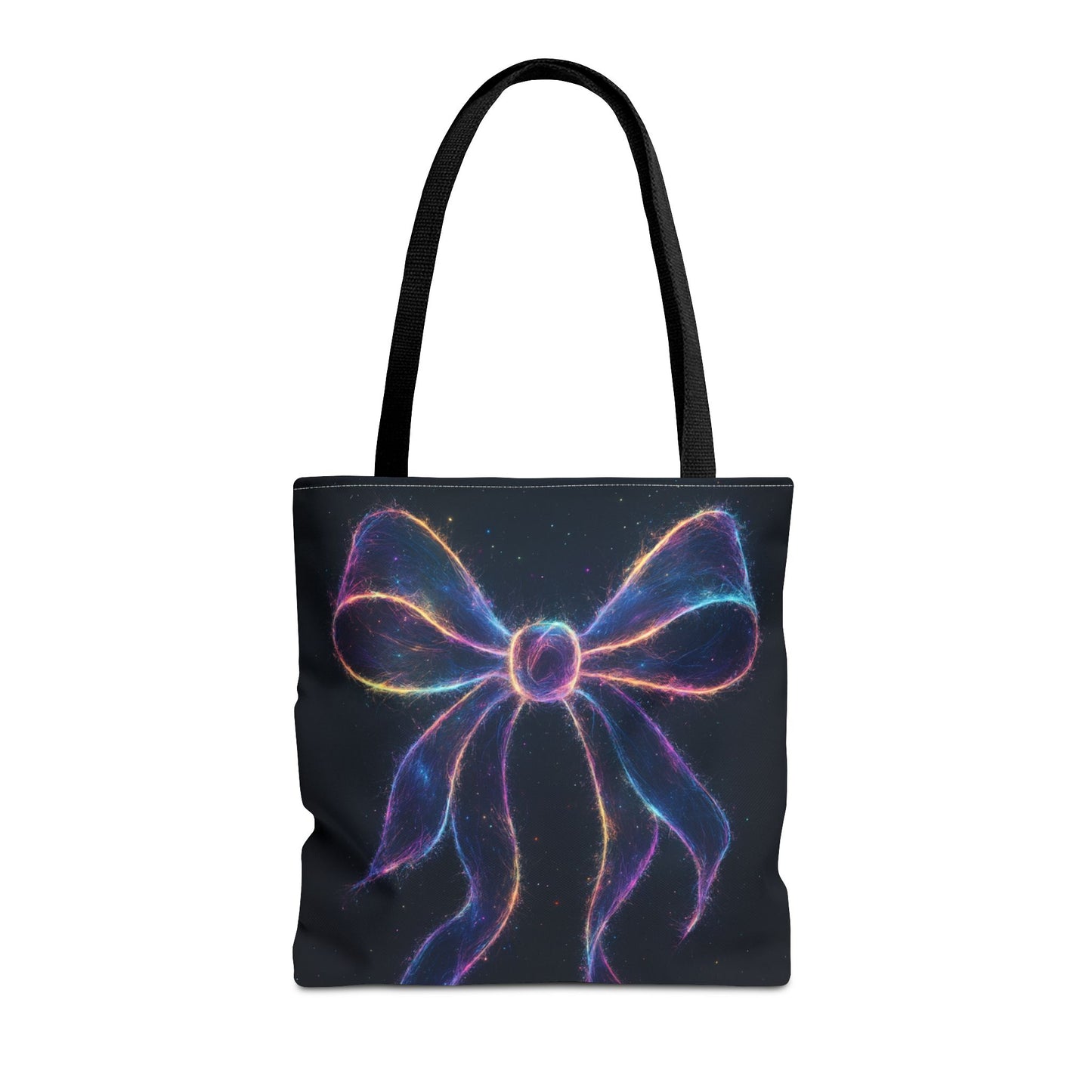 Galaxy Glow Bow Tote Bag, Cosmic Neon Ribbon Design, Black Space Art Bag, Celestial Gift For Her, Stylish Reusable Everyday Tote