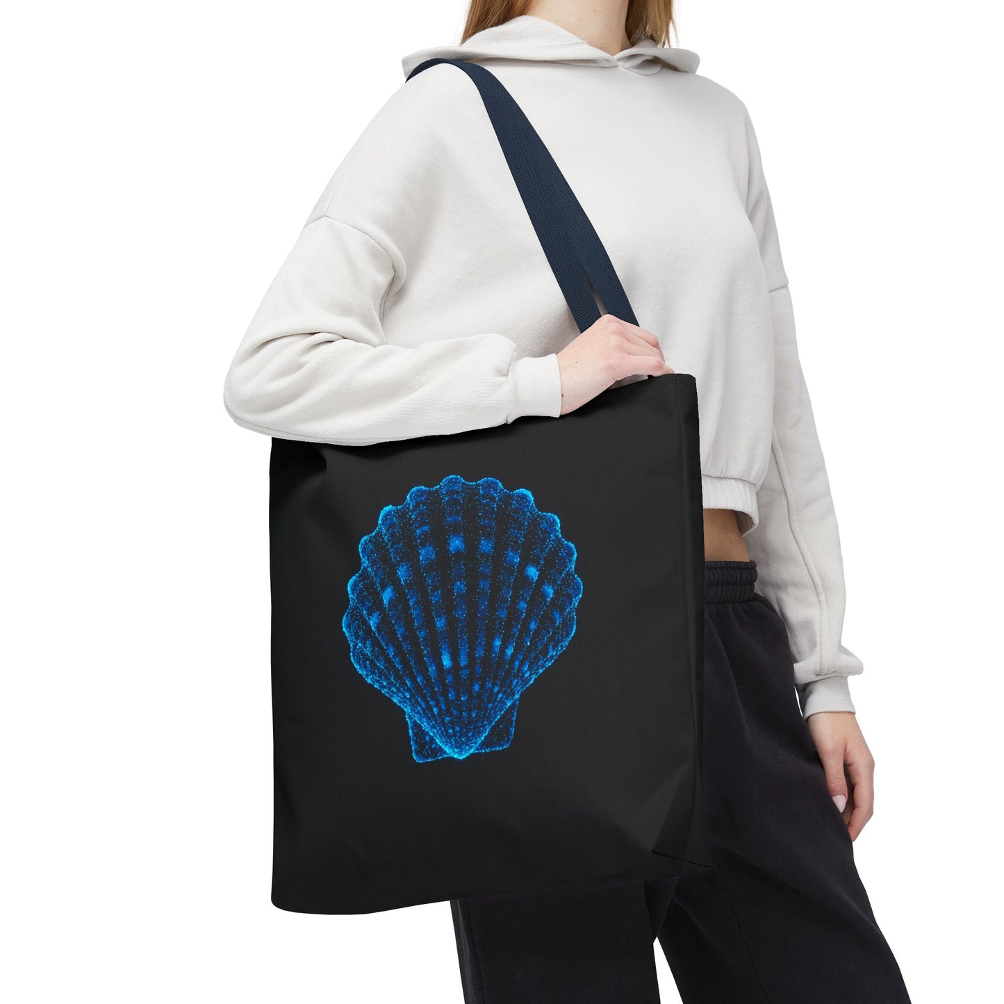 Neon Blue Shell Tote Bag – Digital Scallop Design Canvas Tote, Ocean Tech Art, Minimalist Beach Statement, Reusable Black Shopper Bag