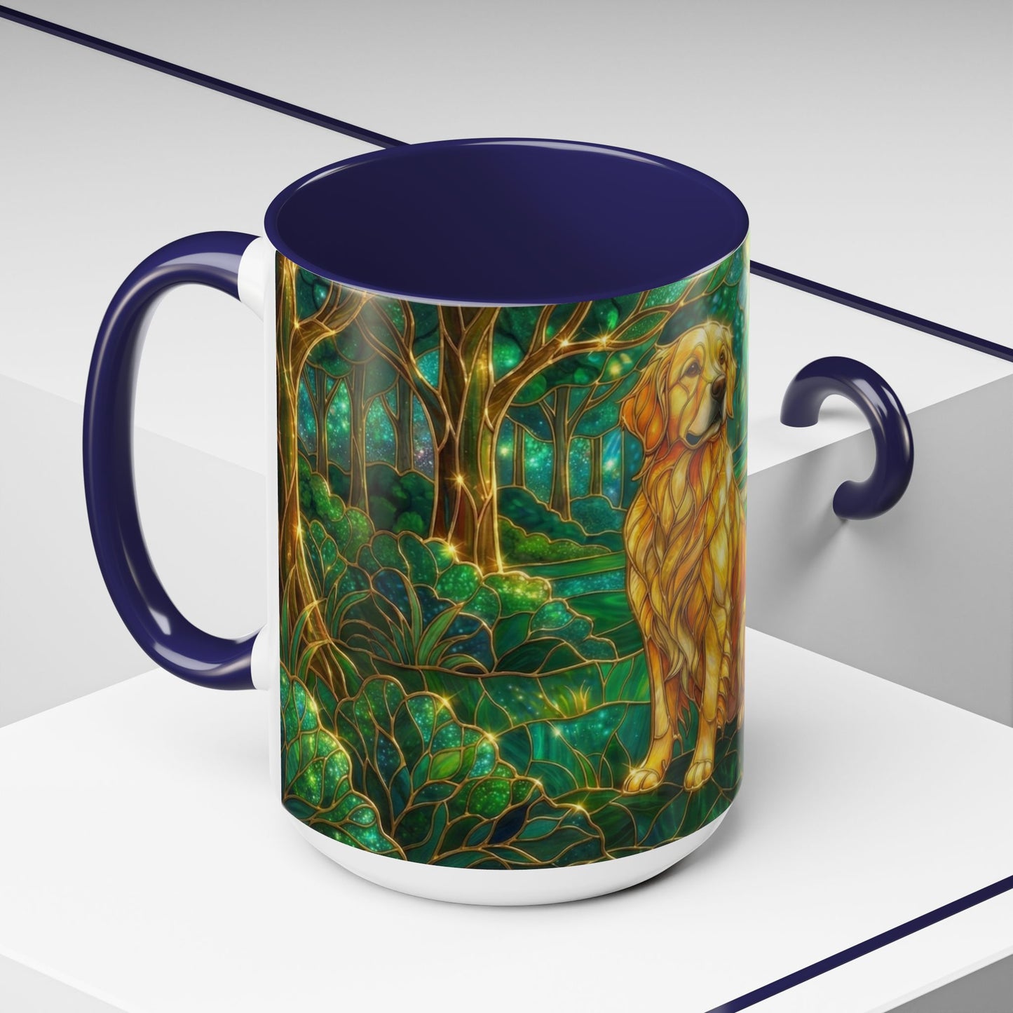 Stained Glass Dog Mug, Golden Retriever Coffee Cup, Pet Lover Ceramic Mug, Forest Art Animal Mug, 11oz 15oz Gift