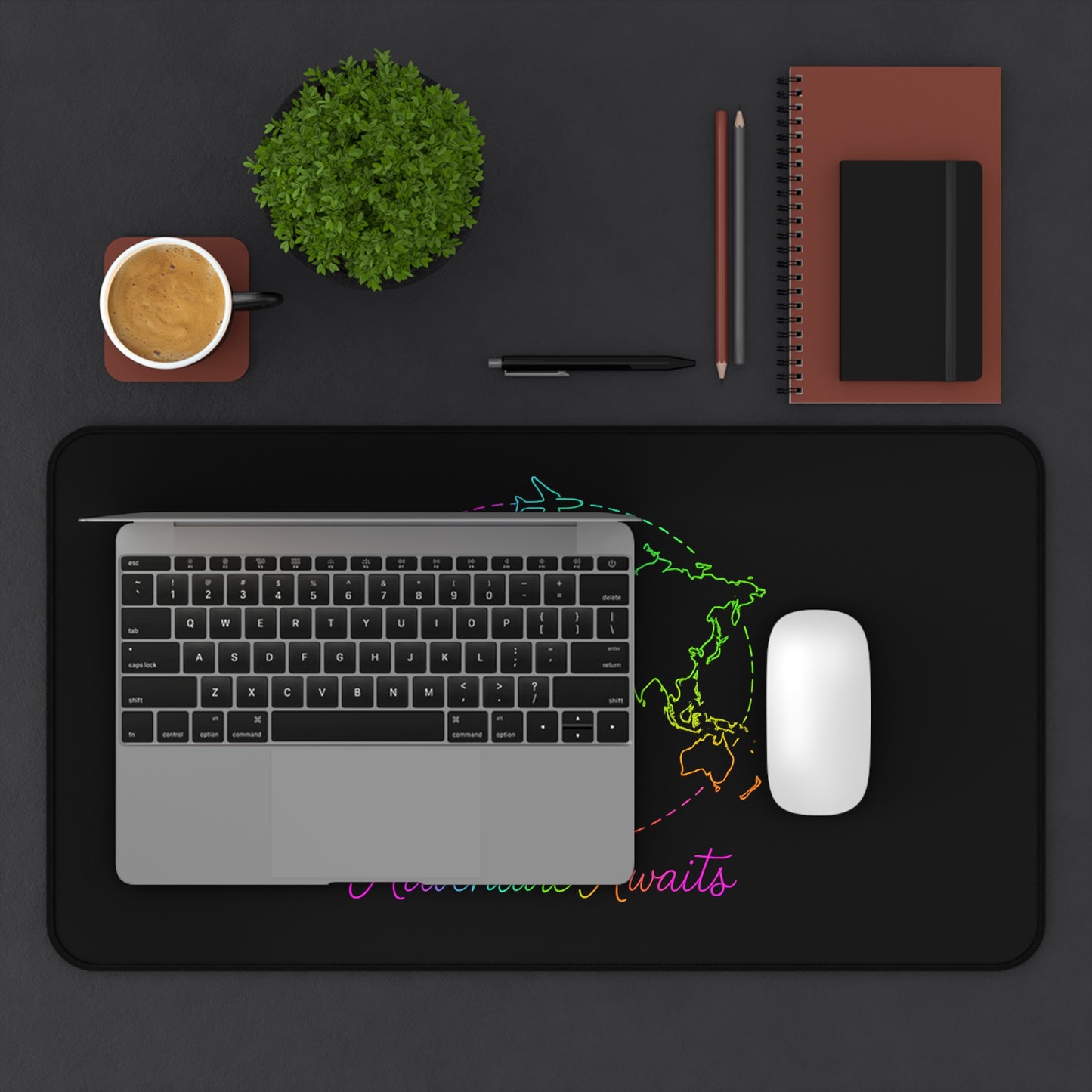 Adventure Awaits Neon Desk Mat - Y2K Rainbow World Map and Airplane XL Mouse Pad for Travel Aesthetic Office, Gaming & Study Desk