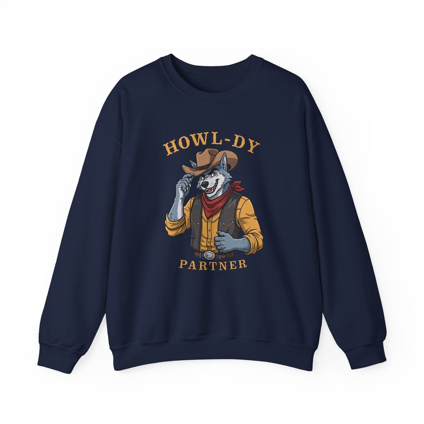 Howl-dy Partner Wolf Sweatshirt, Cowboy Werewolf Halloween Crewneck, Western Spooky Graphic Pullover for Animal Lover Gift Sweatshirt