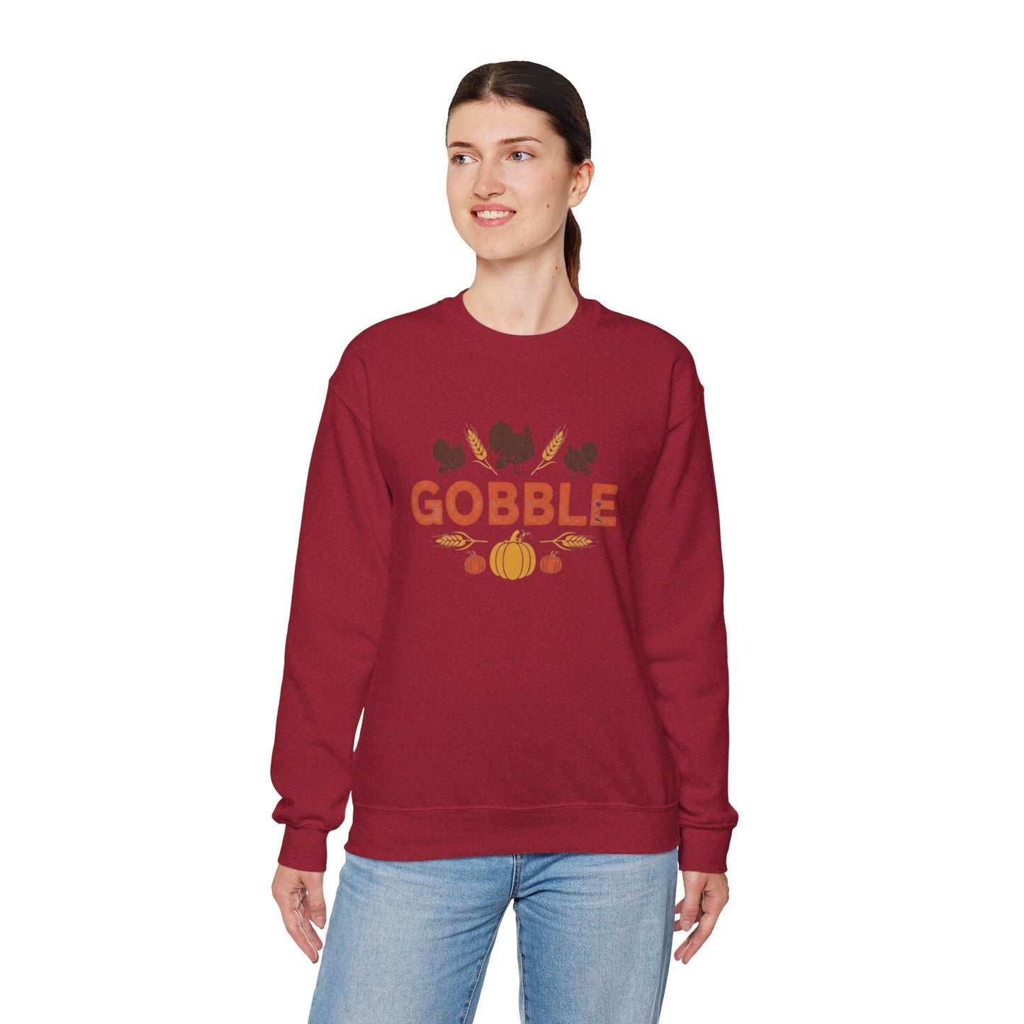 Gobble Turkey Sweatshirt, Thanksgiving Pumpkin Crewneck, Autumn Wheat & Turkey Graphic Pullover, Cozy Fall Family Turkey Day Shirt