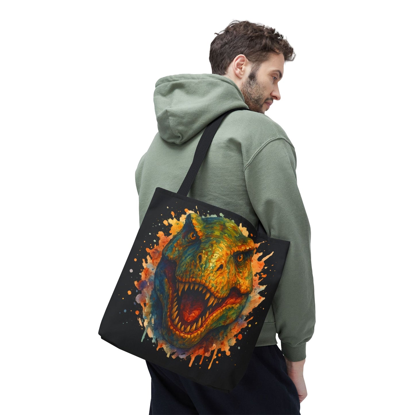 T-Rex Watercolor Tote Bag - 100% Polyester Canvas, Vibrant Dinosaur Art Bag, Reusable Beach-Market Tote, Dino Lover Gift, Bold Style