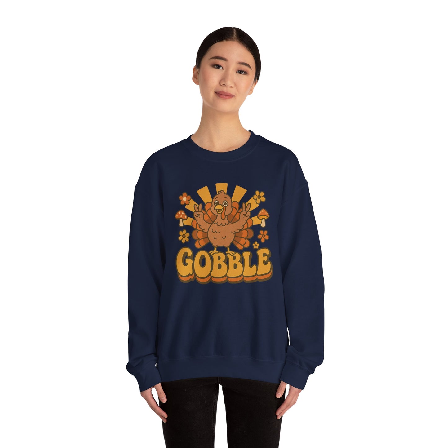 Gobble Turkey Sweatshirt, Retro Fall Turkey Crewneck, Thanksgiving Graphic Pullover, Autumn Mushroom & Flower Design, Cozy Fall Top