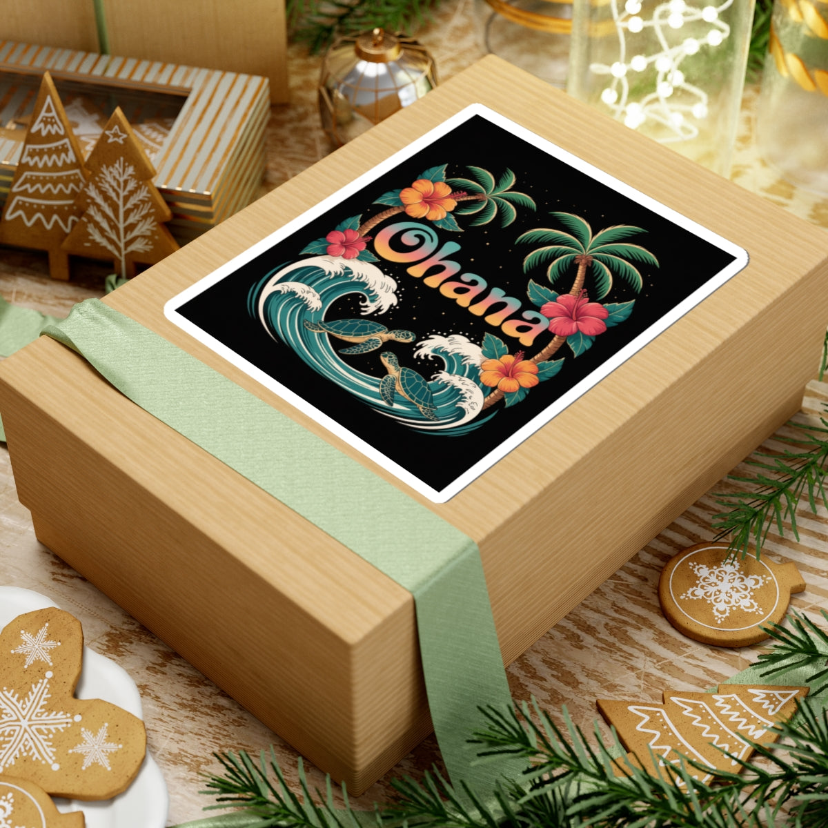 Ohana Sticker – Retro Hawaiian Sea Turtle Decal with Palm Trees & Waves – Waterproof Vinyl Laptop or Water Bottle Tropical Gift