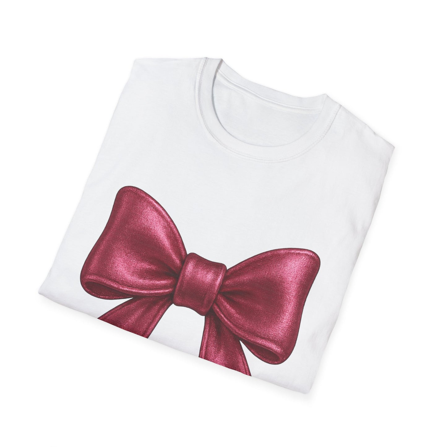 Metallic Burgundy Bow T-Shirt π | Elegant Cute Graphic Tee | Unisex Softstyle Shirt | Gift for Her, Aesthetic Outfit, Celebration Wear