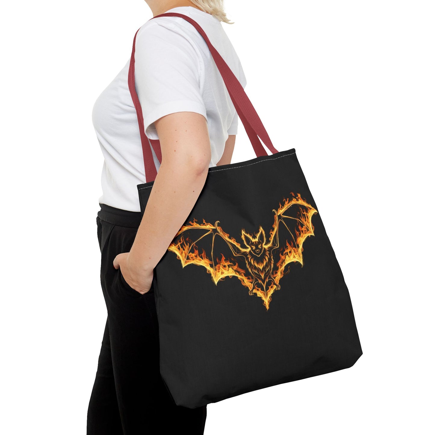 Flaming Bat Tote Bag, Gothic Halloween Canvas Tote, Fiery Wing Bat Design Tote, Spooky Season Accessory, Gothic Gift Tote