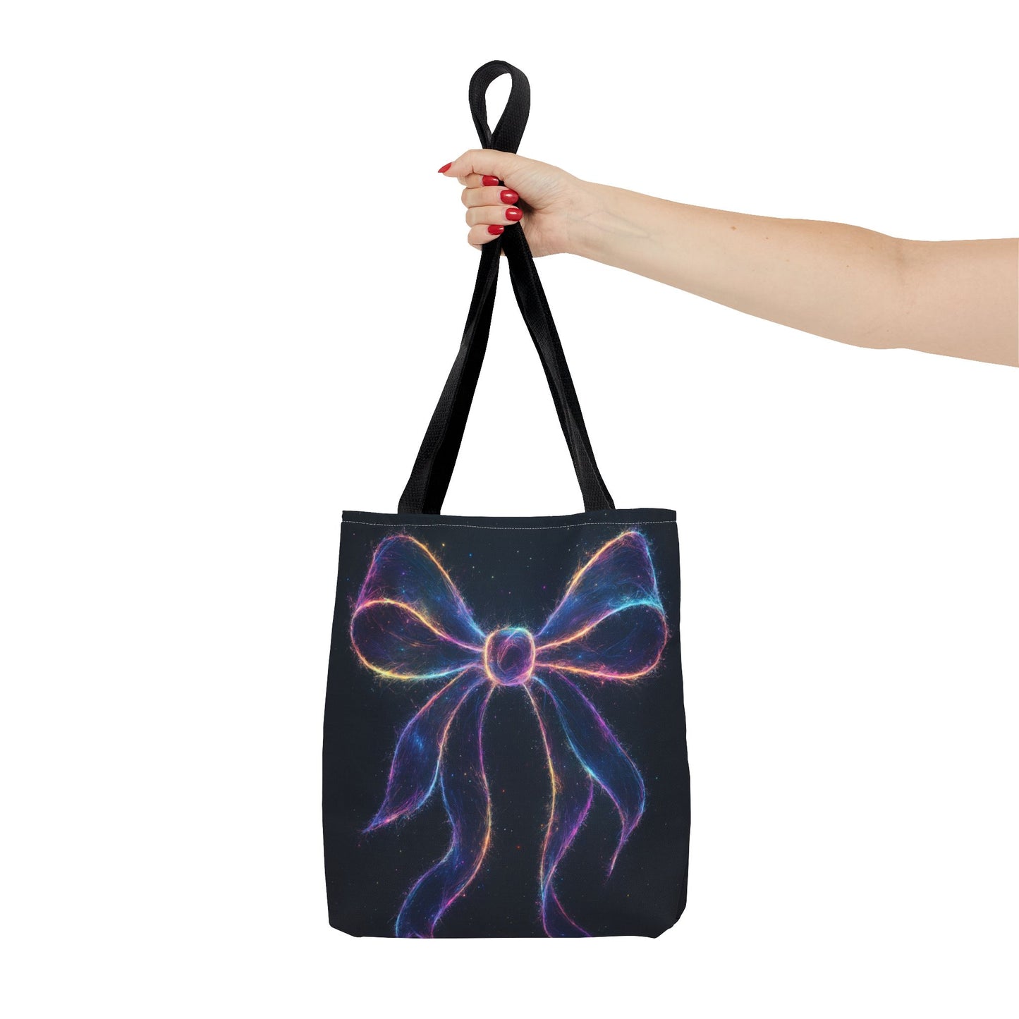 Galaxy Glow Bow Tote Bag, Cosmic Neon Ribbon Design, Black Space Art Bag, Celestial Gift For Her, Stylish Reusable Everyday Tote